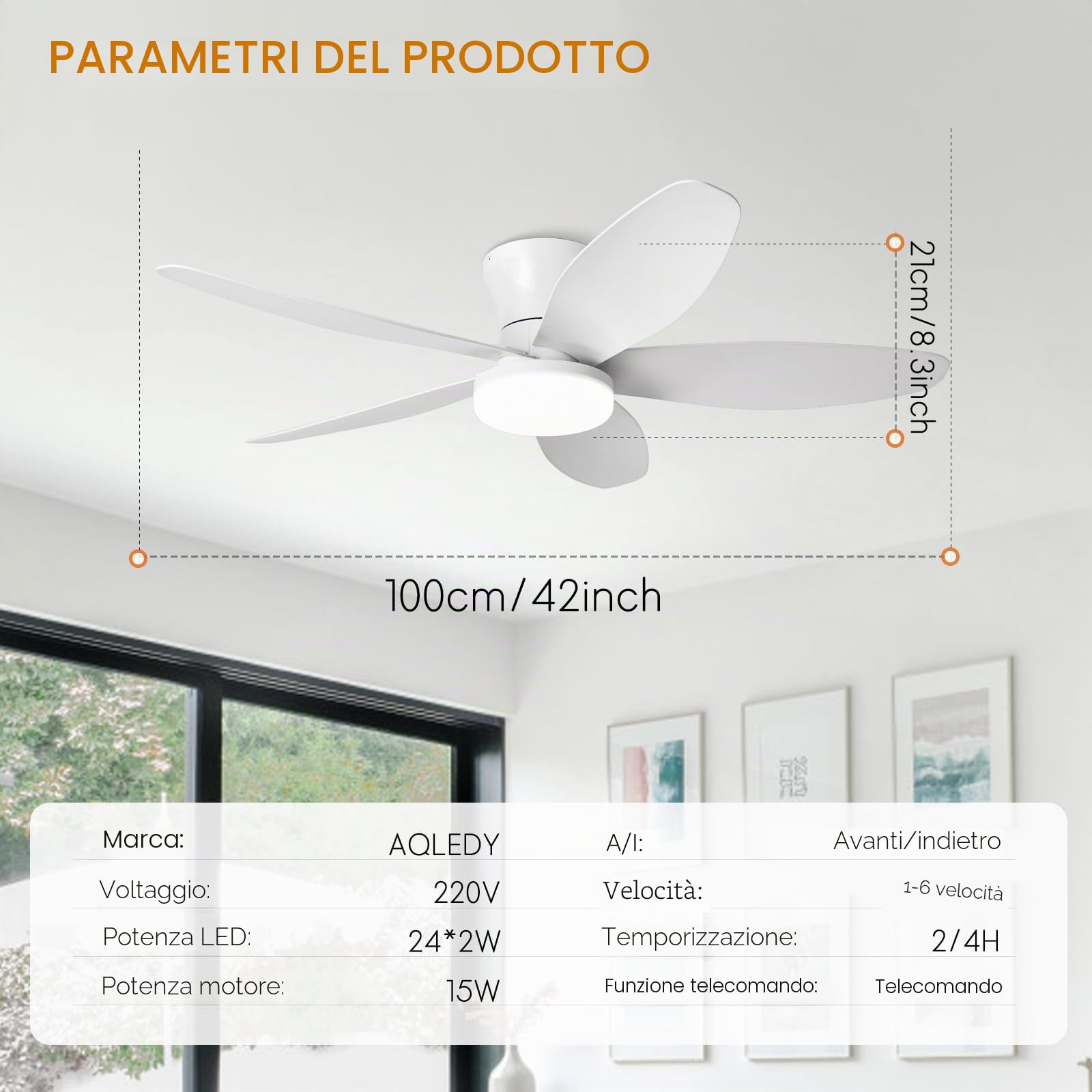 Ventilatore Pale Da Soffitto Con Luce E Telecomando, Silenzioso 5 Pale Lampadario Con Ventola, Dimmerabile LED Plafoniera Ventilatore Per Camera Da Letto, Cucina, Soggiorno-Black+WoodGrain||42in