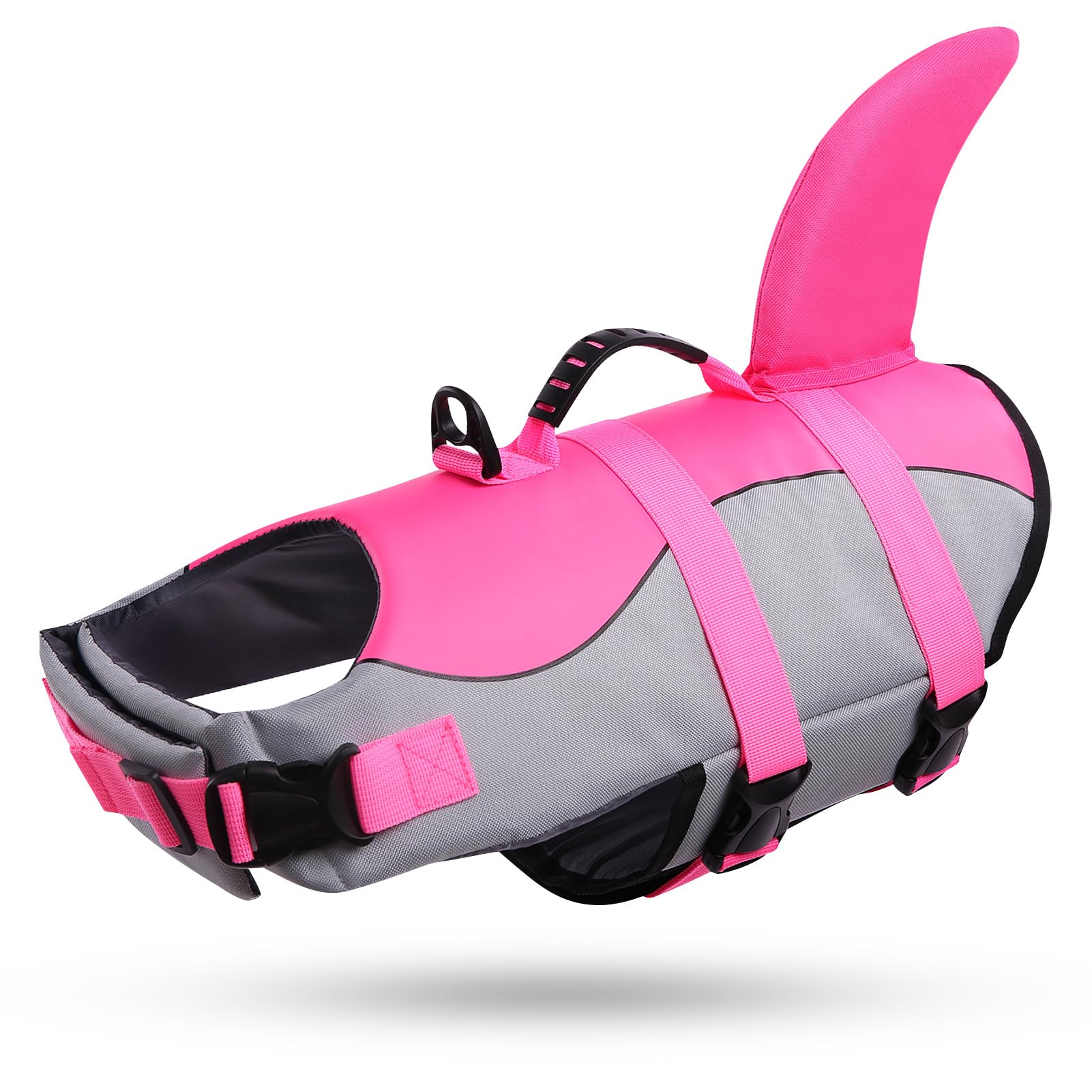 Queenmore Giubbotto di salvataggio per cani Ripstop Shark Gilet di sicurezza regolabile con elevata galleggiabilità e manico di salvataggio resistente, per cani di taglia piccola, media e grande, rosa