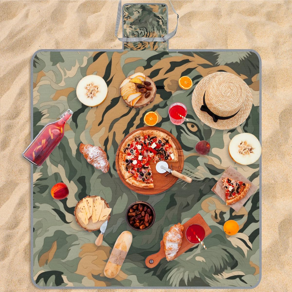 Mantas de picnic de 150 x 145 cm, diseño de camuflaje de tigre, manta de playa plegable para exteriores, impermeable, para playa, camping, senderismo, picnic