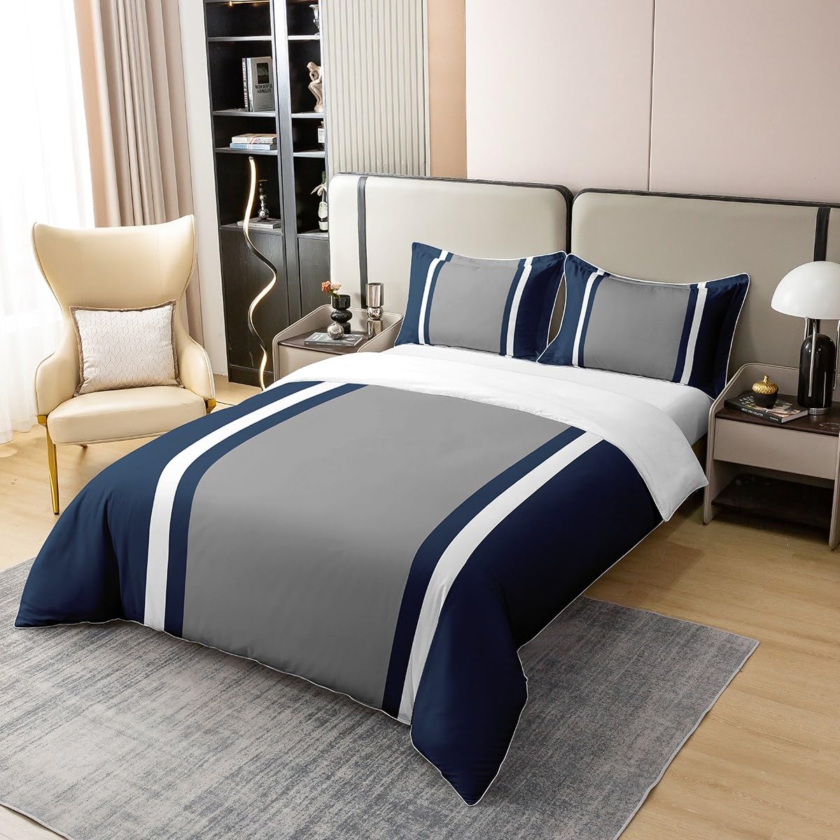 Juego de ropa de cama azul marino para niños, tamaño Super King, funda de edredón geométrica 100% algodón para niños, niñas, adolescentes, decoración de dormitorio, juego de funda de edredón con