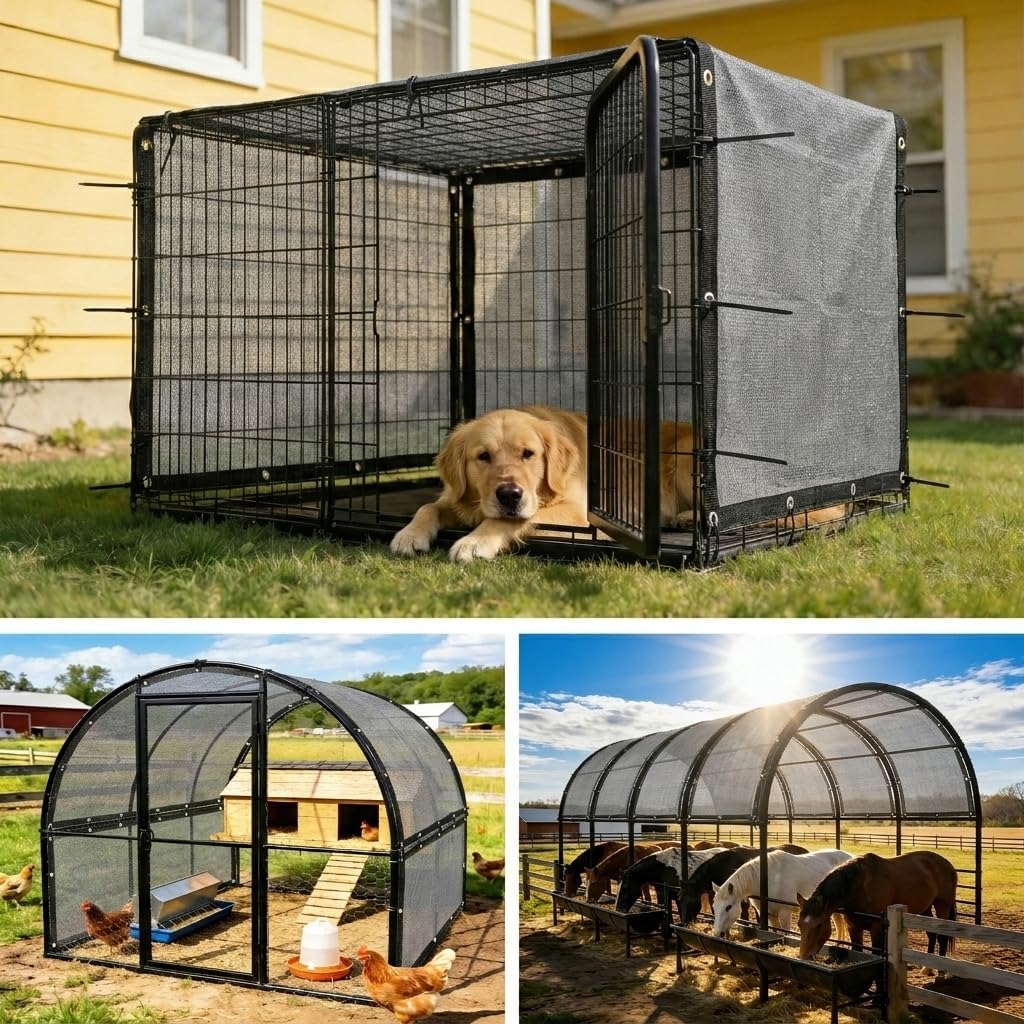 Amgo 90% UV Block Sun Shade Cloth for Dog Kennel Cover, 6' x 8' Grey Pet Playpen Sunshade with Grommets, Durable Mesh Tarp for Crate, Patio, Stable,Chicken Coop & Outdoor Privacy Screen.