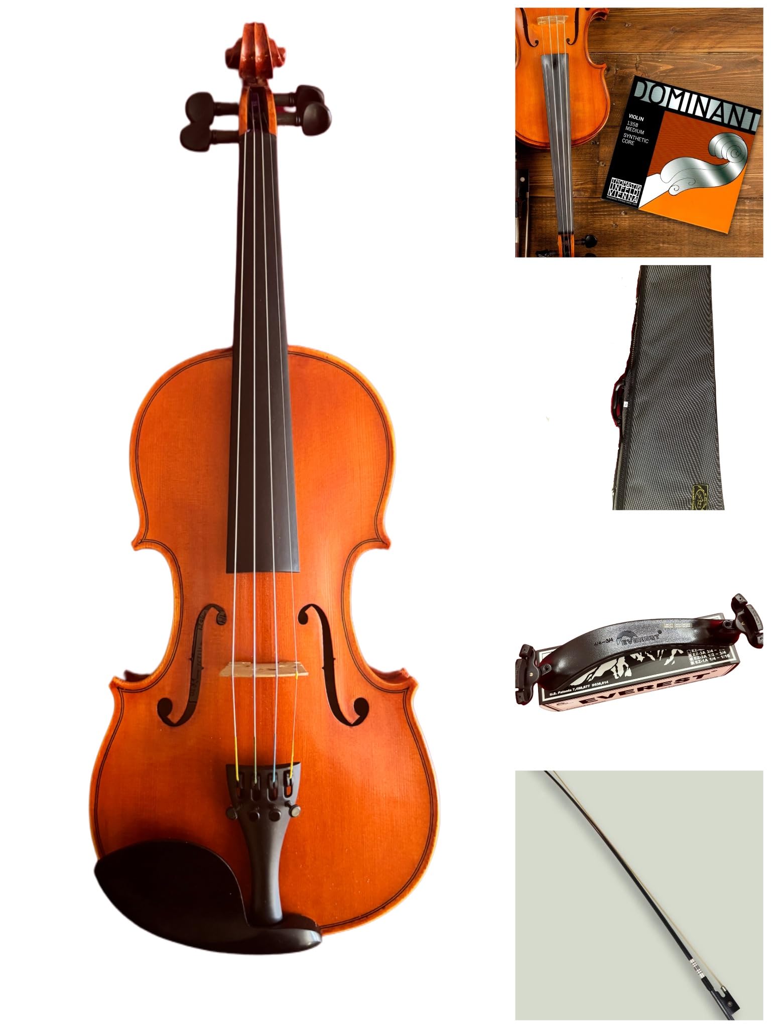 "Kreisler " by HOLLYWOOD VIOLINS Violin Outfit, 4/4 Full Size, Solid Maple Wood, Ebony Fittings, Carrying Case and Accessories Included