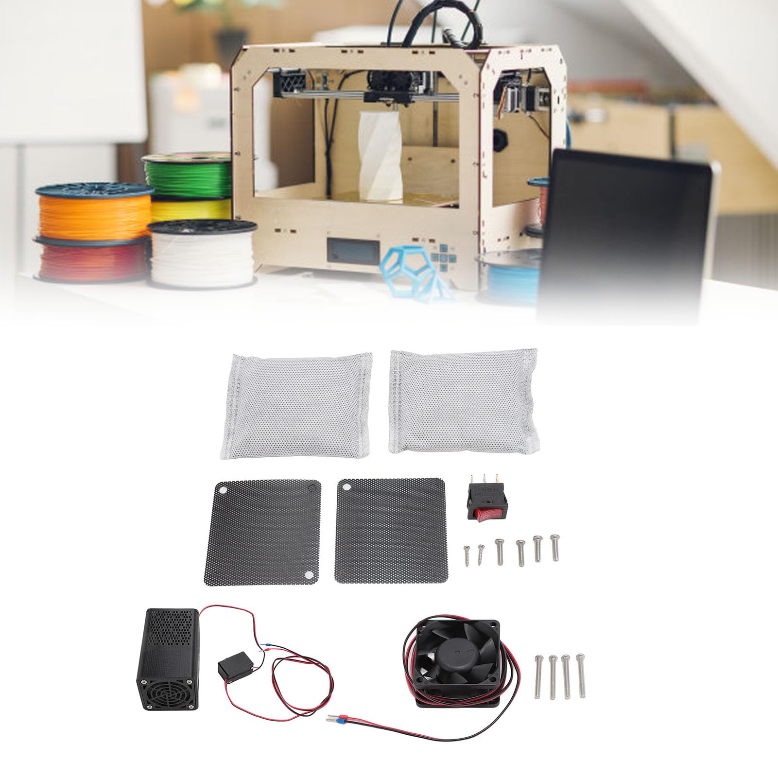 Purificador de Aire para Impresora 3D, Purificador De Aire Eficaz Bajo Ruido, 5000 RPM Purificación de Aire para Ender 3, Material ABS Durable (Kit con Impresión)
