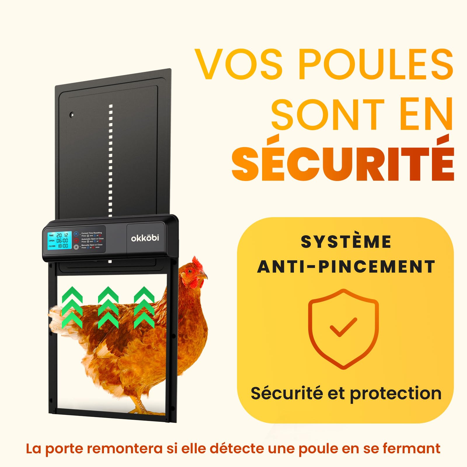 Lite Porte Automatique de Poulailler - À Piles - Écran LCD | Anti-Pincement pour la Sécurité, Résiste de -15 à 60 Degrés Celsius, Compatible avec Canards et Oies - Noir