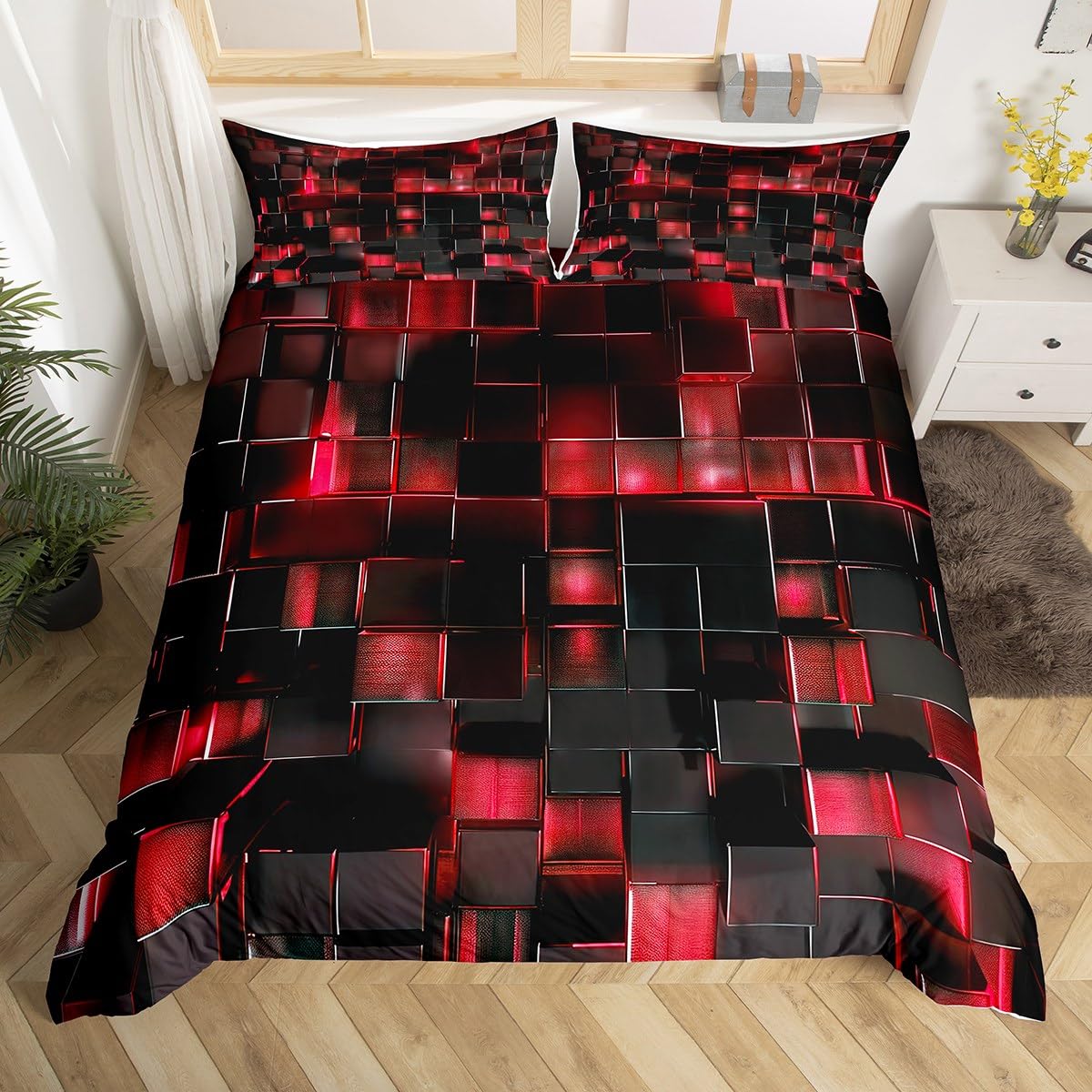 Black and Red Kingsize Duvet Cover Sets Modern Geometric Comforter Cover Gradient Neon Cubes Girls Red Bedding Sets,Abstract Square Grid Bed Set Lattice Wall Brick Decor Bedding & Linen