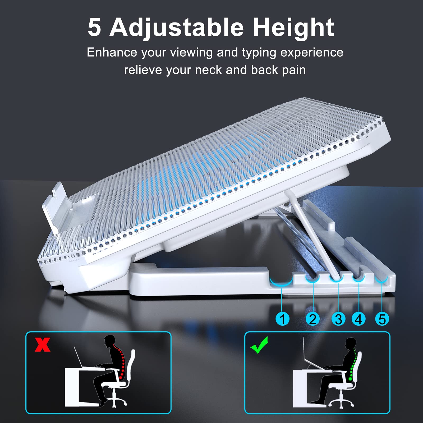 LIENS Tappetino di raffreddamento per laptop con altezza regolabile, due ventole da 5,1 pollici, 2 porte USB, adatto per laptop da 12"-15,6" (bianco)