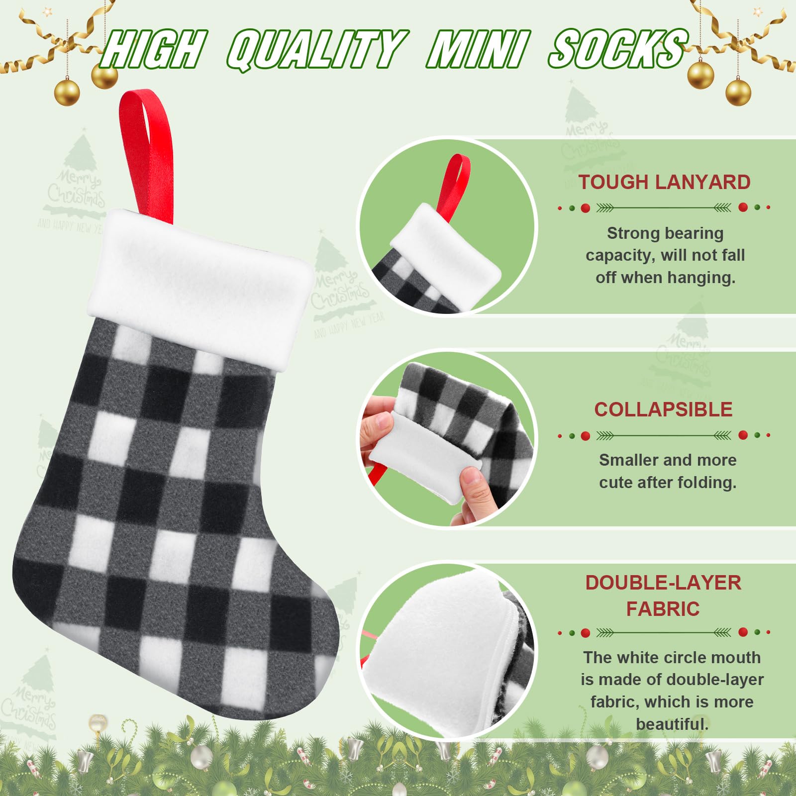 Lot de 60 mini chaussettes de Noël en peluche à carreaux de buffle - Décoration de Noël classique pour la maison, la fête, la cheminée
