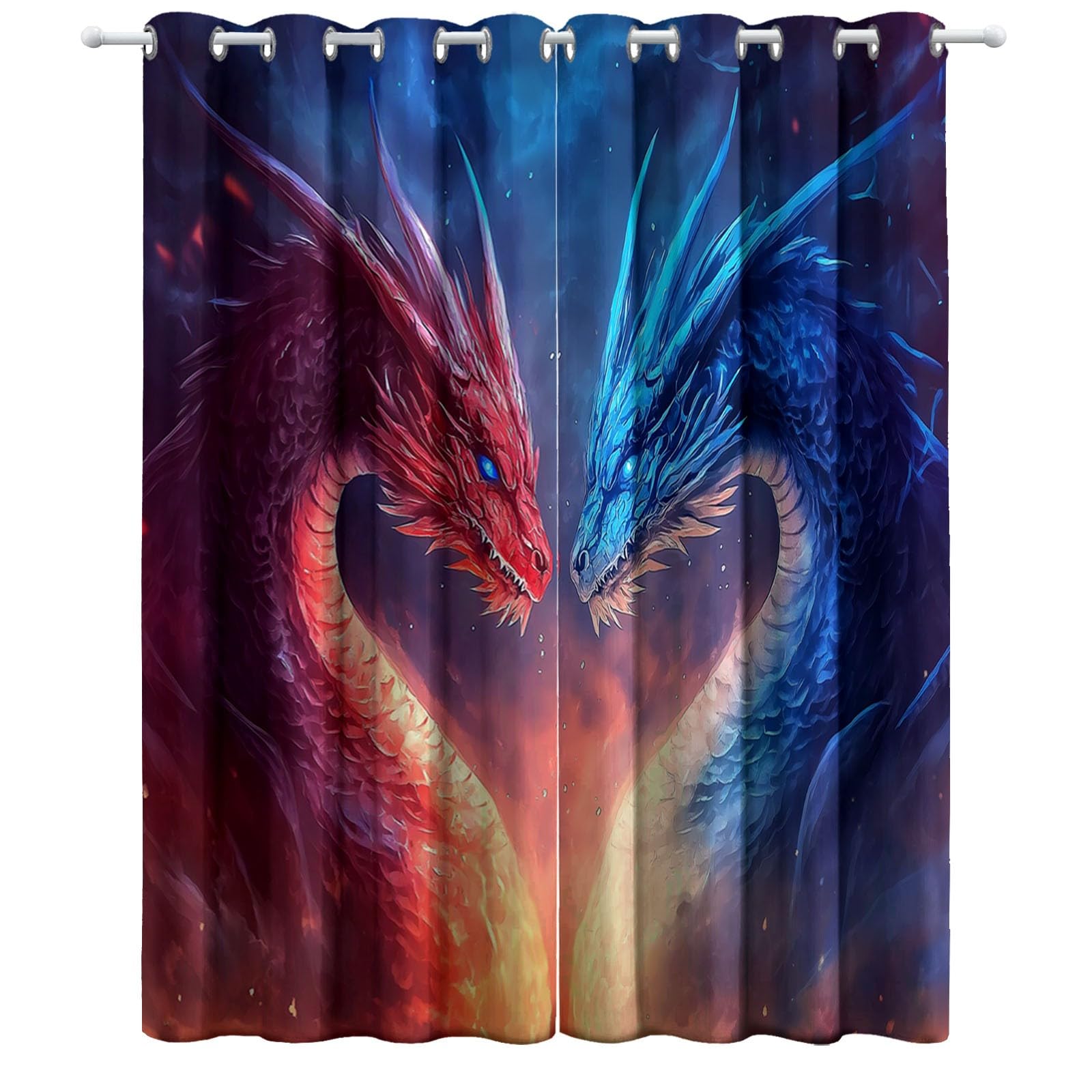 215 x 110 cm Verdunklungsvorhänge 2er Set, Fantasie Tiere Drachen Konfrontation Thermovorhang Hitzeschutz - Vorhang Blickdicht mit Ösen - Thermovorhang-Gardinen für Wohnzimmer, Blau-Orange