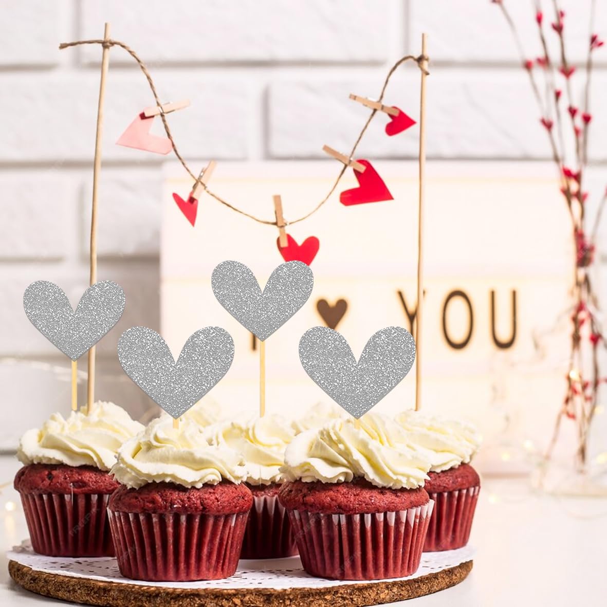 24Pcs Glitter Love Heart Cupcake Toppers for Valentine's Day Decorations - Image 4