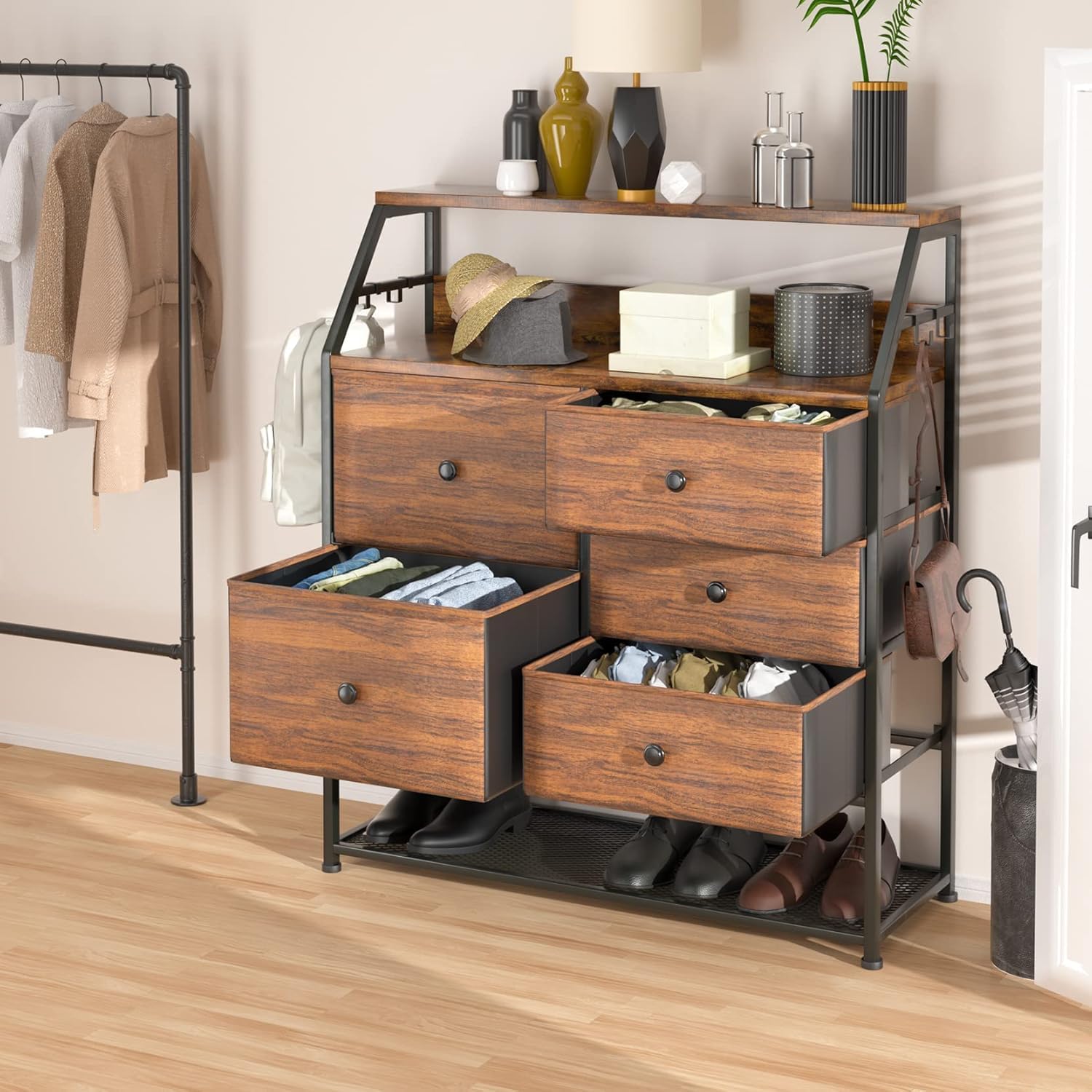 Dripex Commode en Tissu avec 5 tiroirs, Meuble de Rangement avec Dessus en Bois et étagère à Chaussures, Cadre en Métal, pour Salon, Chambre, Couloir, Marron Rustique et Noir Gris Vintage+Noir