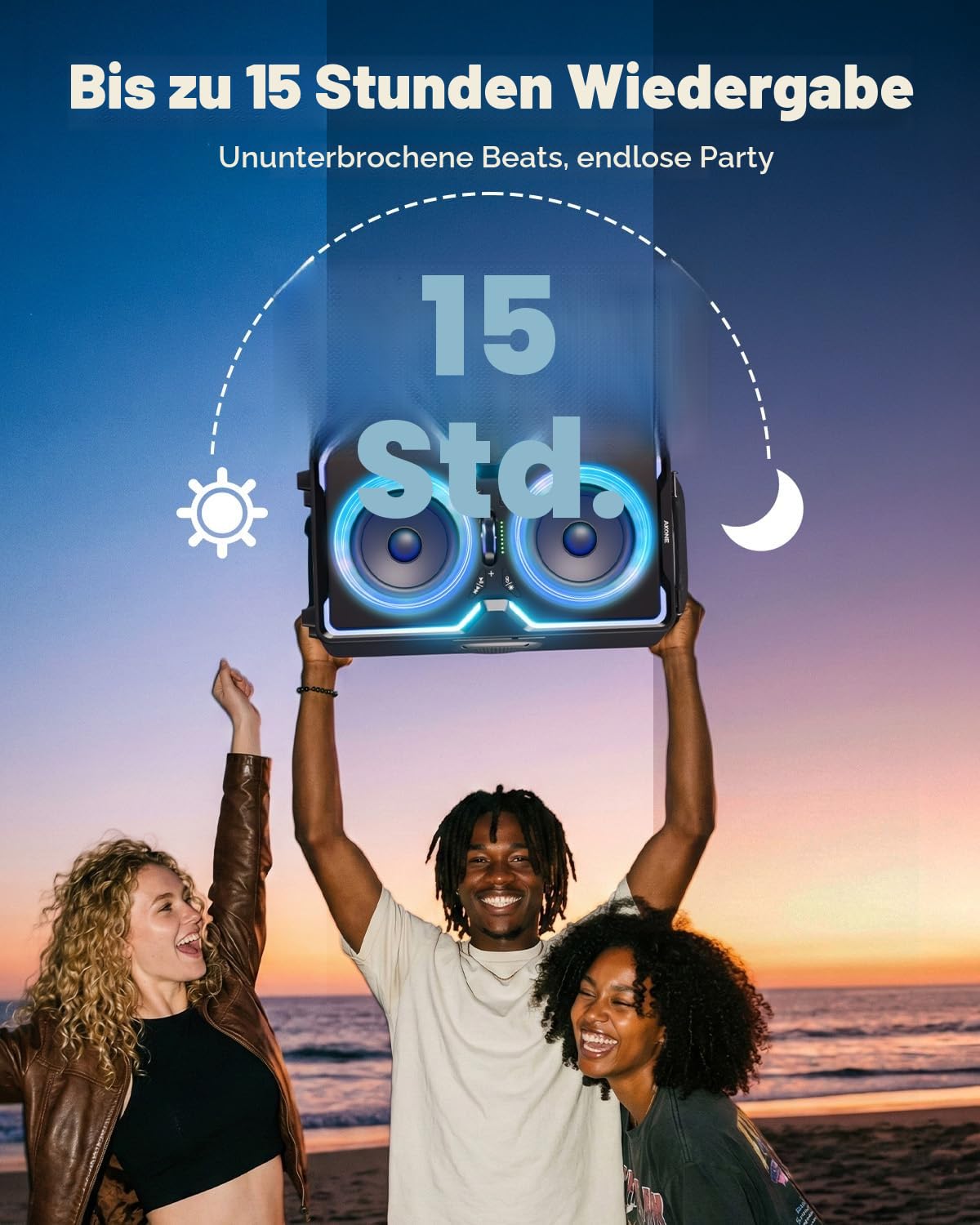 AKONE Party Bluetooth Lautsprecher, 240W Musikbox Bluetooth Groß, Loud Sound Partybox, Natur Super Bass,15H,TWS, Bunte LED-Lichtshow, Soundbox für Party, Camping, Beach, Backyard, Home