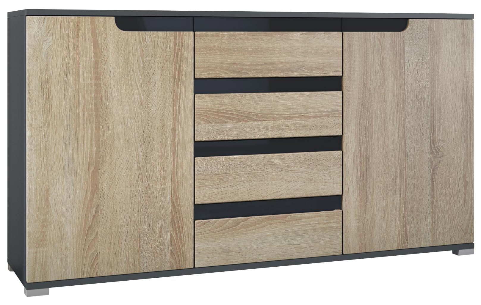 Vladon Sideboard Sylt V1, Kommode mit 2 Türen und 4 Schubladen, Korpus - Anthrazit matt/Front - Eiche sägerau/Absetzung - Schwarz Hochglanz (138,5 x 75,5 x 35 cm)