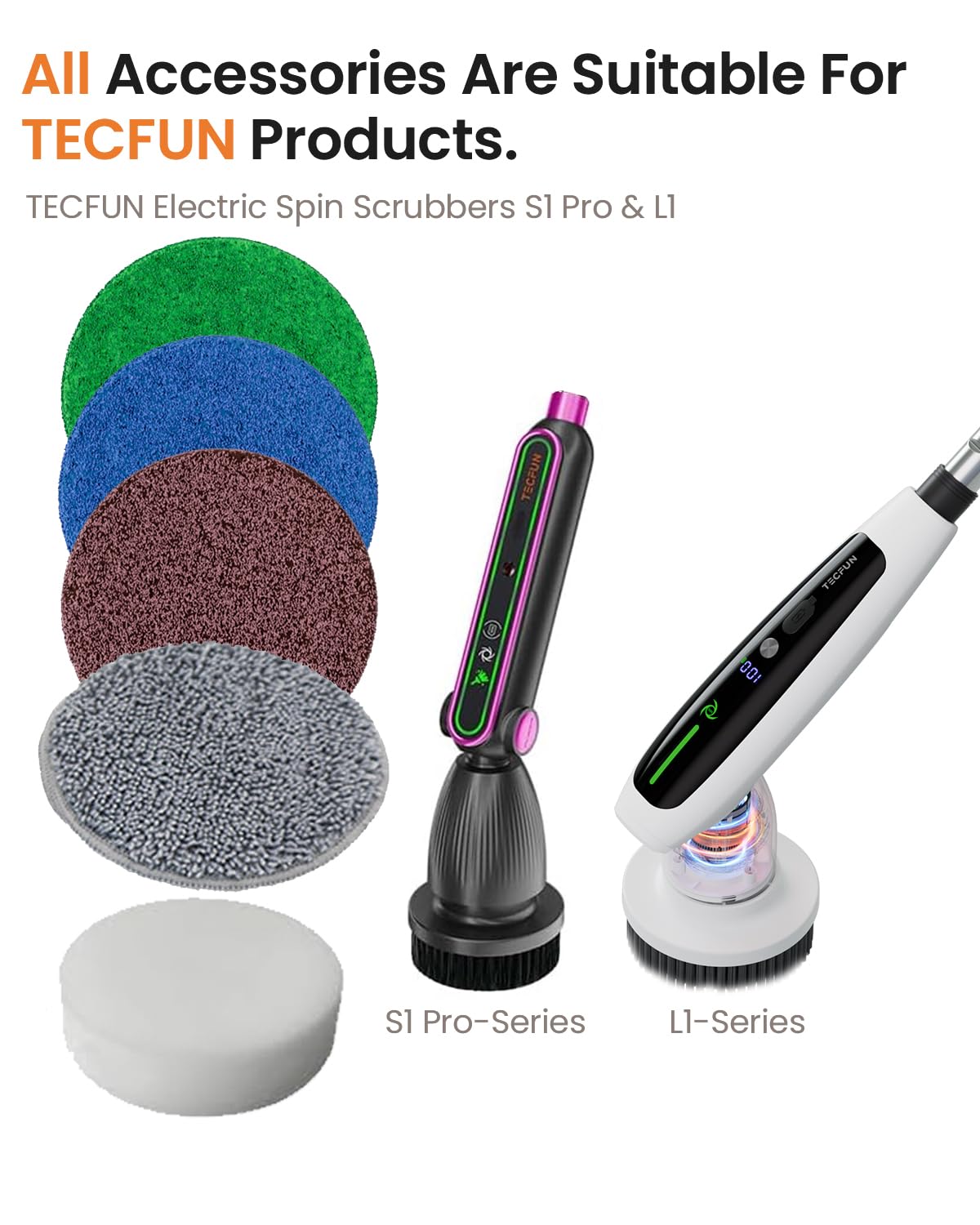TECFUN Electric Spin Scrubber Replacement Brush Heads for Cordless Spin Scrubber, 8 Pack Extra Brush Accessories Suitable for TECFUN S1 Pro & L1 Power Scrubber, Cleaning Brush for Tub,Tile,Floor