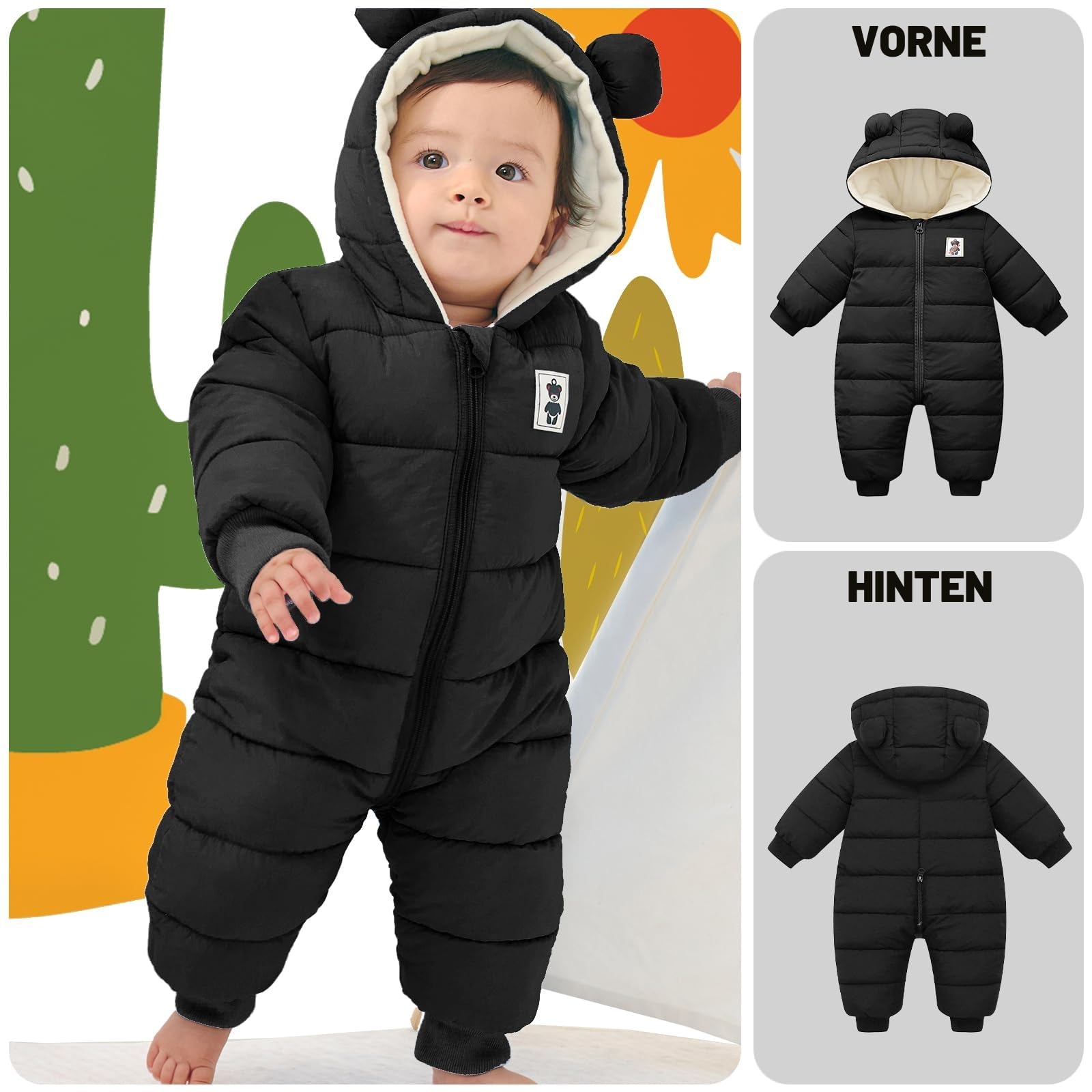 Baby Winter Overall mit Kapuze, Strampler Schneeanzug Jungen Mädchen Langarm Jumpsuit Warm Outfits Geschenk 0-12 Monate