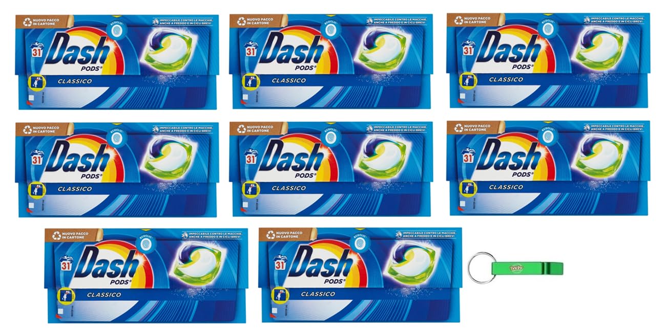 8x Dash Pods Classico Waschmaschine Waschmittel in Kapseln, 31 Waschgänge - Garantieren Einwandfreie Sauberkeit Gegen Flecken + Beni Culinari Kostenloser Schlüsselanhänger