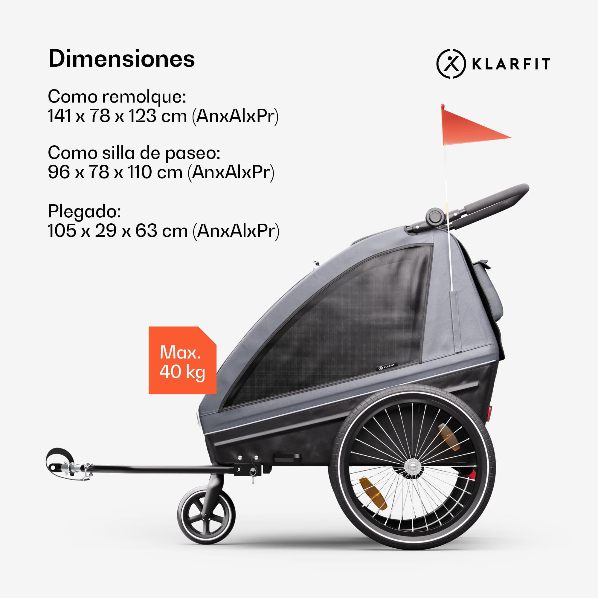 Klarfit GoKiddo Remolque Bicicleta - 2-en-1 Carro para Bicicleta & Buggy con Frenos, Cinturones de Seguridad, Asientos Ajustables, Capacidad 40kg, Protección Lluvia & UV, Plegable, Gris Oscuro