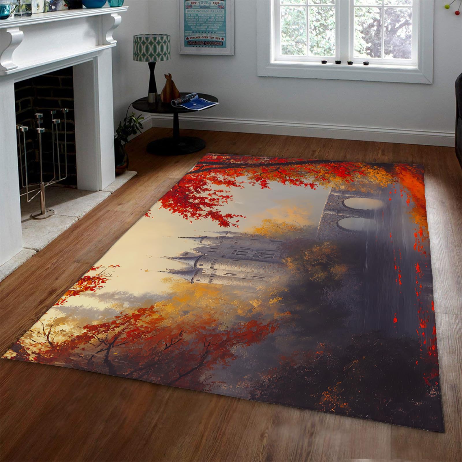 Tapis de salon paysage médiéval forêt érable pont château 90x150cm