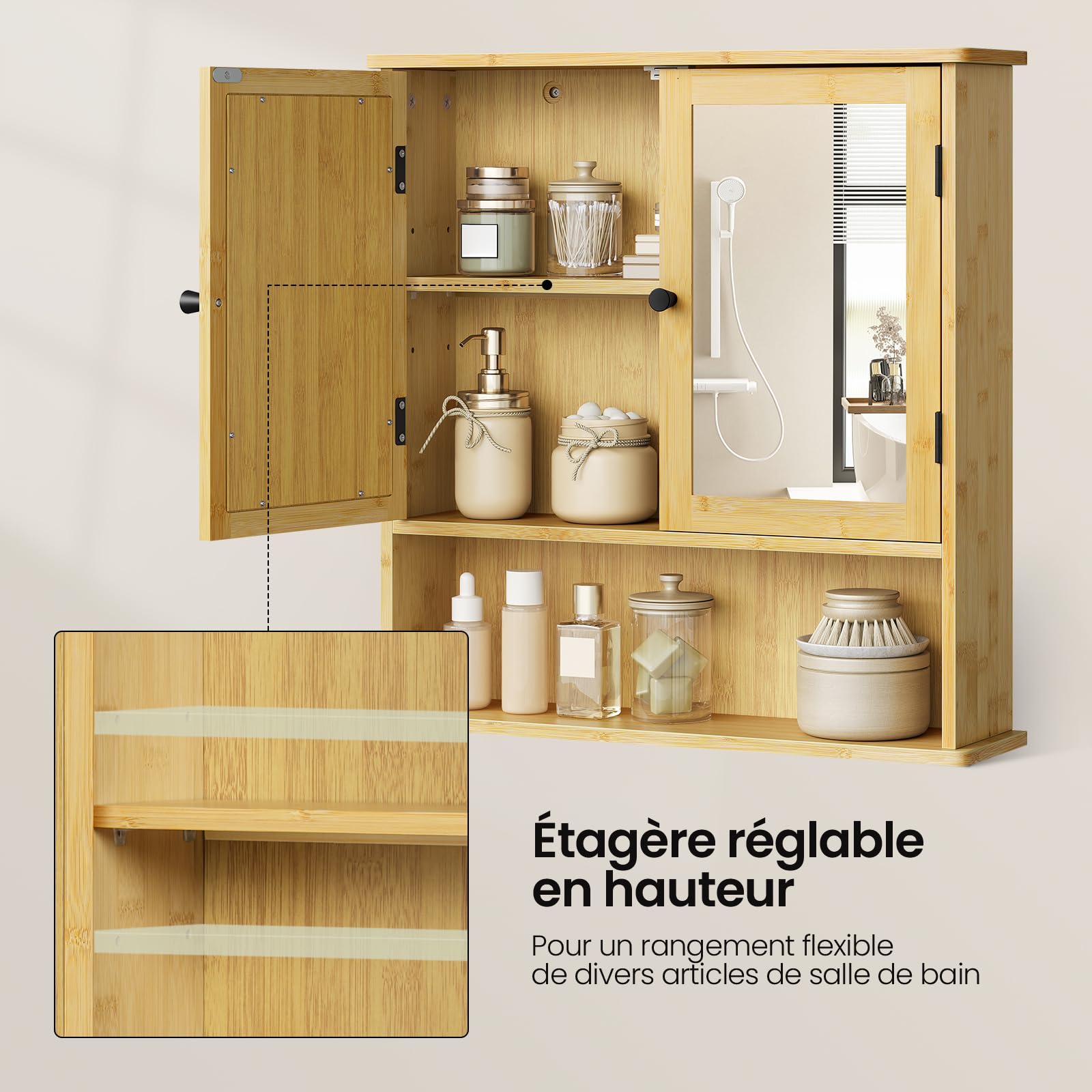 EUGAD Meuble de Salle de Bain Suspendu avec Miroir et Portes en Bambou, Armoire Peu encombrante avec étagère réglable, boîte Murale avec Compartiment Ouvert, 56 x 14 x 58 cm