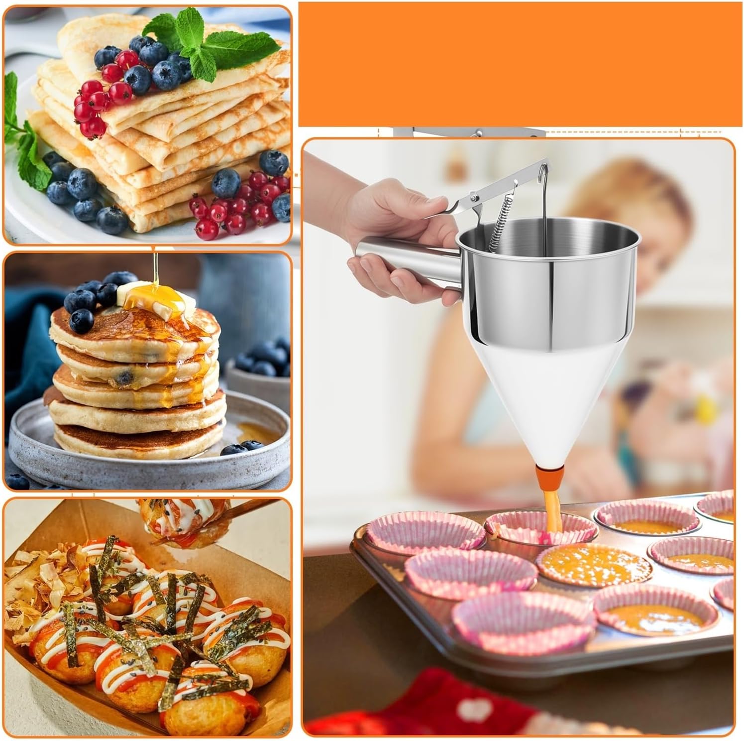 Baking Tool 1.2L Oil Bucket With Holder Stainless Steel Funnel Dispenser Cupcake Pancake Batter Kitchen(B)