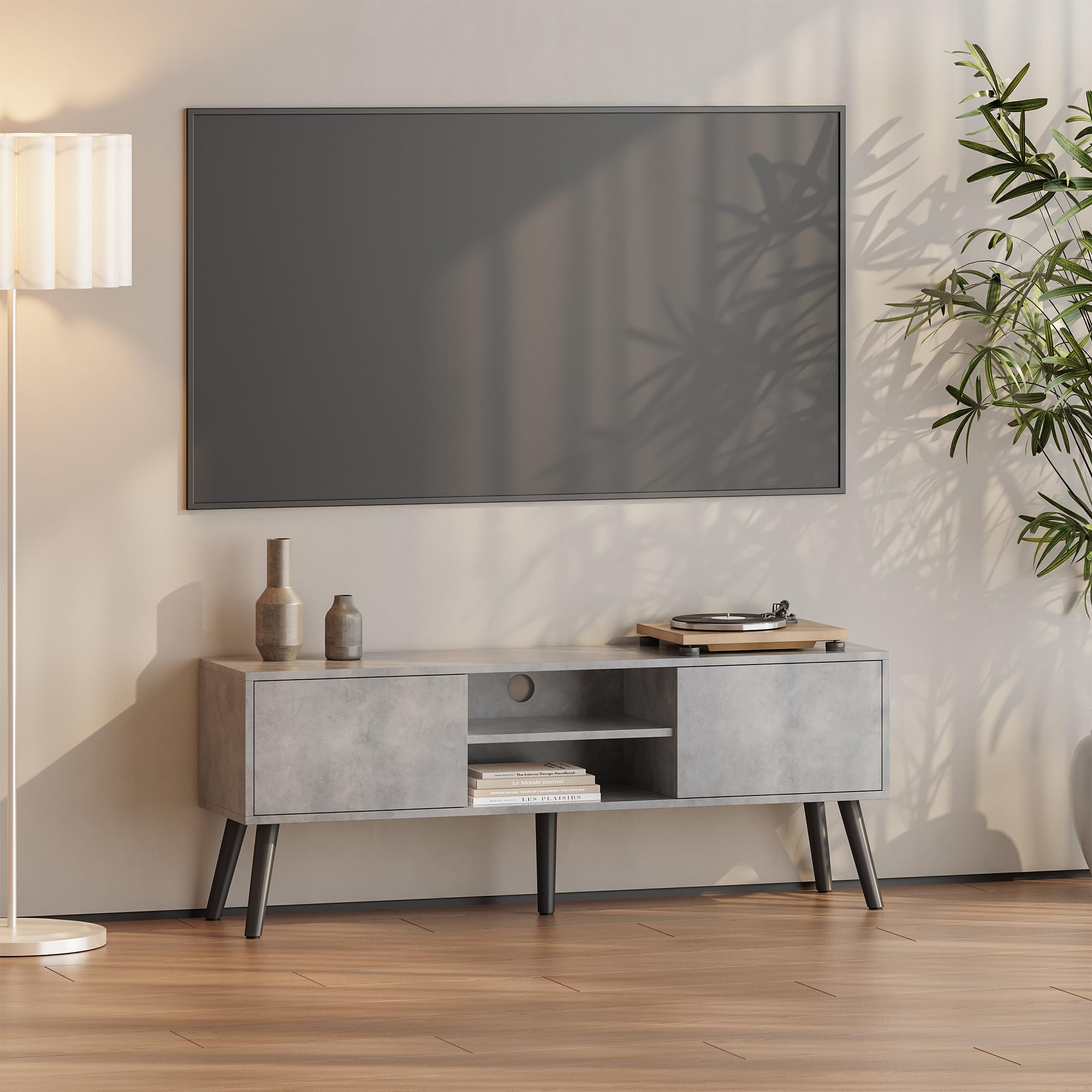 Meuble TV Design Effet Béton Noir 120 Cm - 2 Portes, 2 étagères, Pieds En Bois - Support Télé Et Rangement