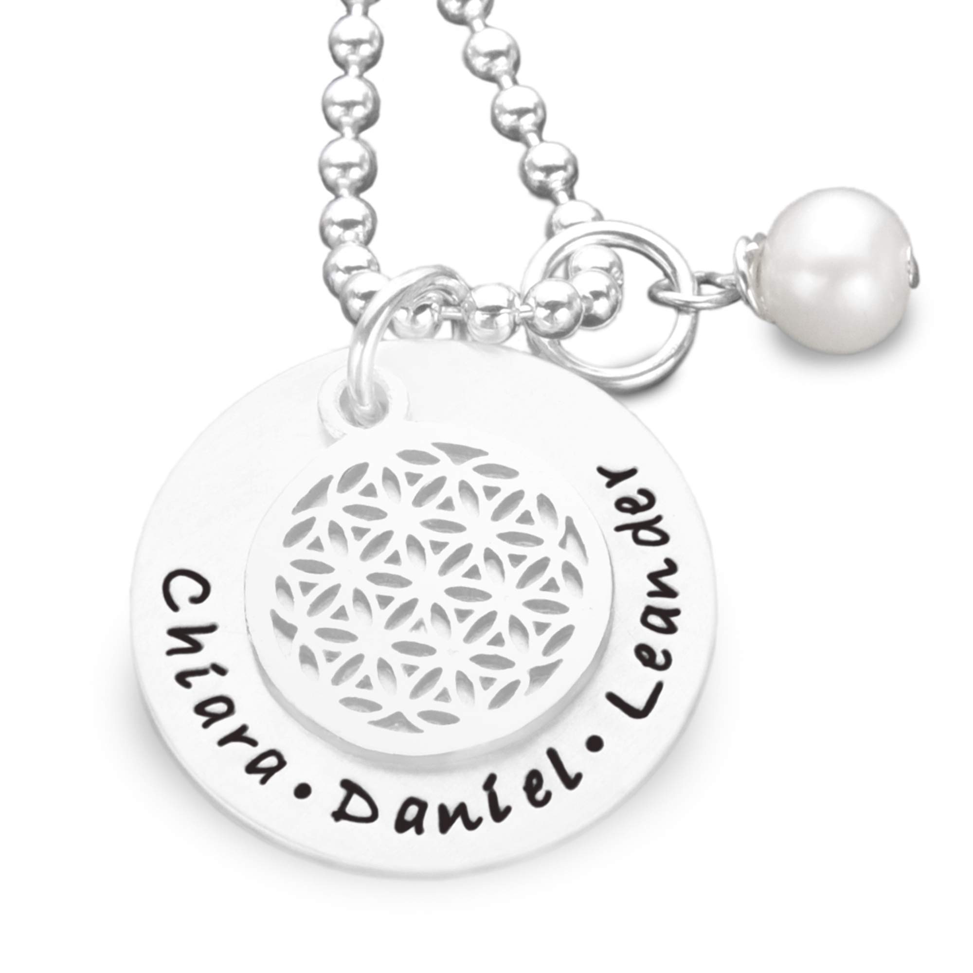 Familienkette Namenskette Frau Mama Mutter BLUME DES LEBENS 925 Silber Kette Gravur personalisiert Familienschmuck Kindernamen