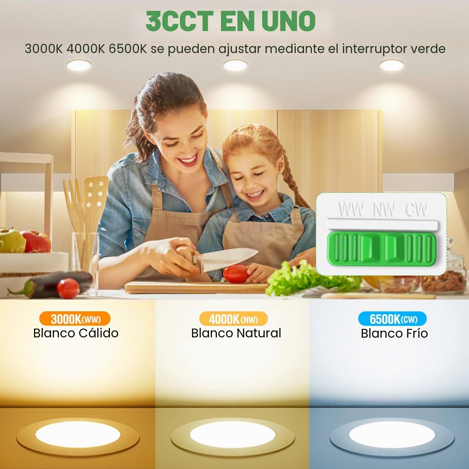 ALUSSO Downlight LED Techo Empotrable Regulable, 8W 850LM IP44 Focos LED Interior Techo Empotrado 3000K 4000K 6500K Ajustable, Corte 75-85mm, 6 Pack