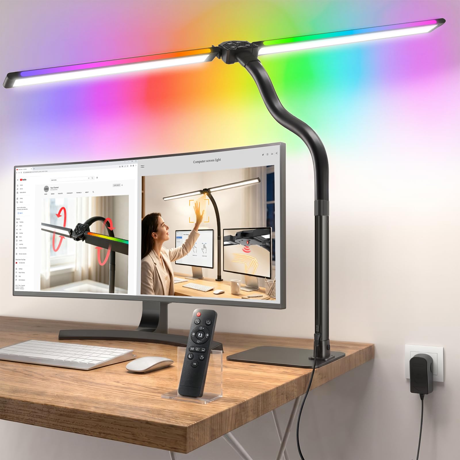 Lampe de Bureau Puissante RGB à Double Tête 1800LM Dimmable,Ocle Métallique