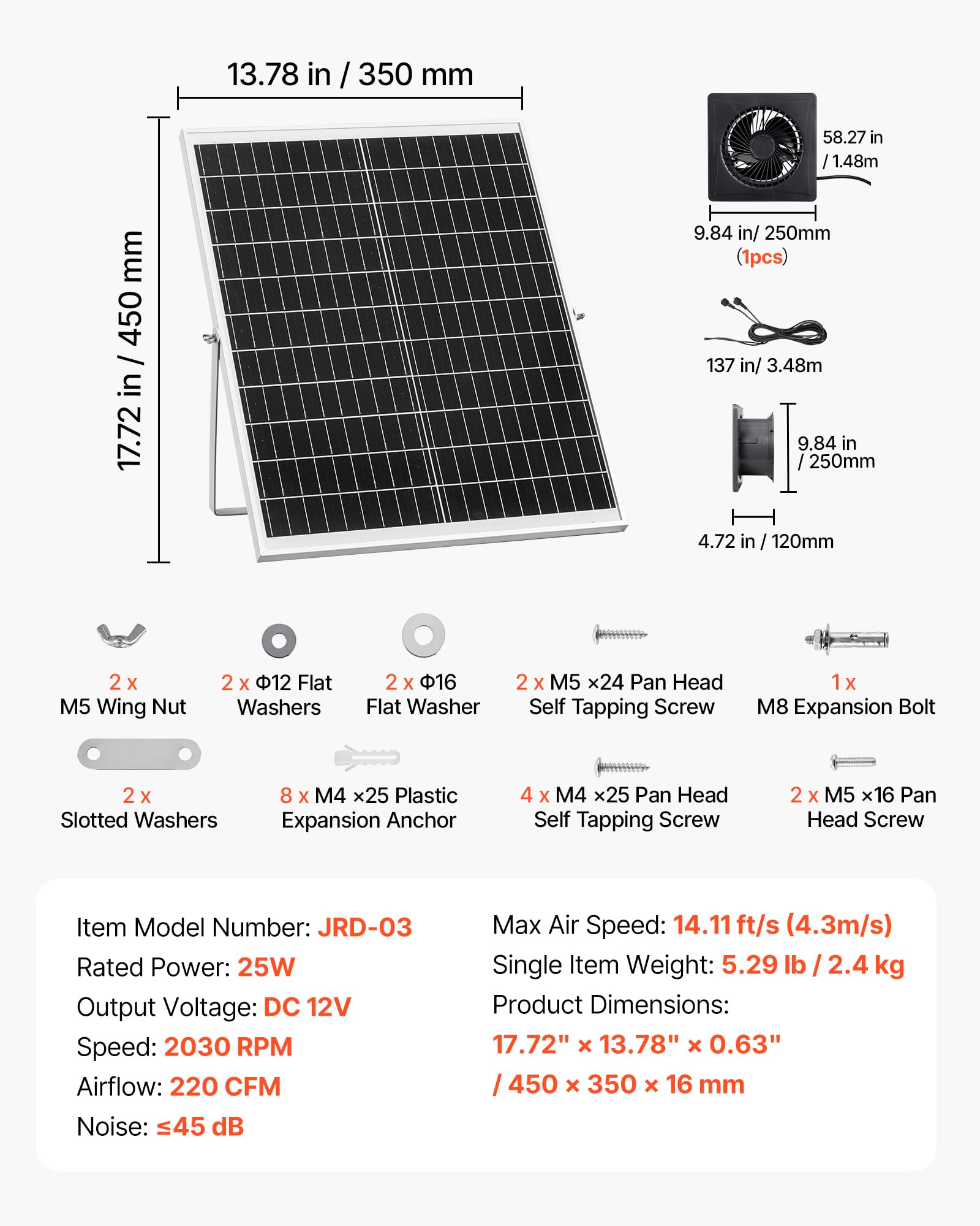 VEVOR Ventilateur Solaire avec Panneau Solaire 25 W et 1 Ventilateur, Extracteur d'air, Angle Réglable, 2030 TR/Min, pour Tente de Culture, Serre, Poulailler et Abri, Boîtier Alliage Alu Étanche IP65