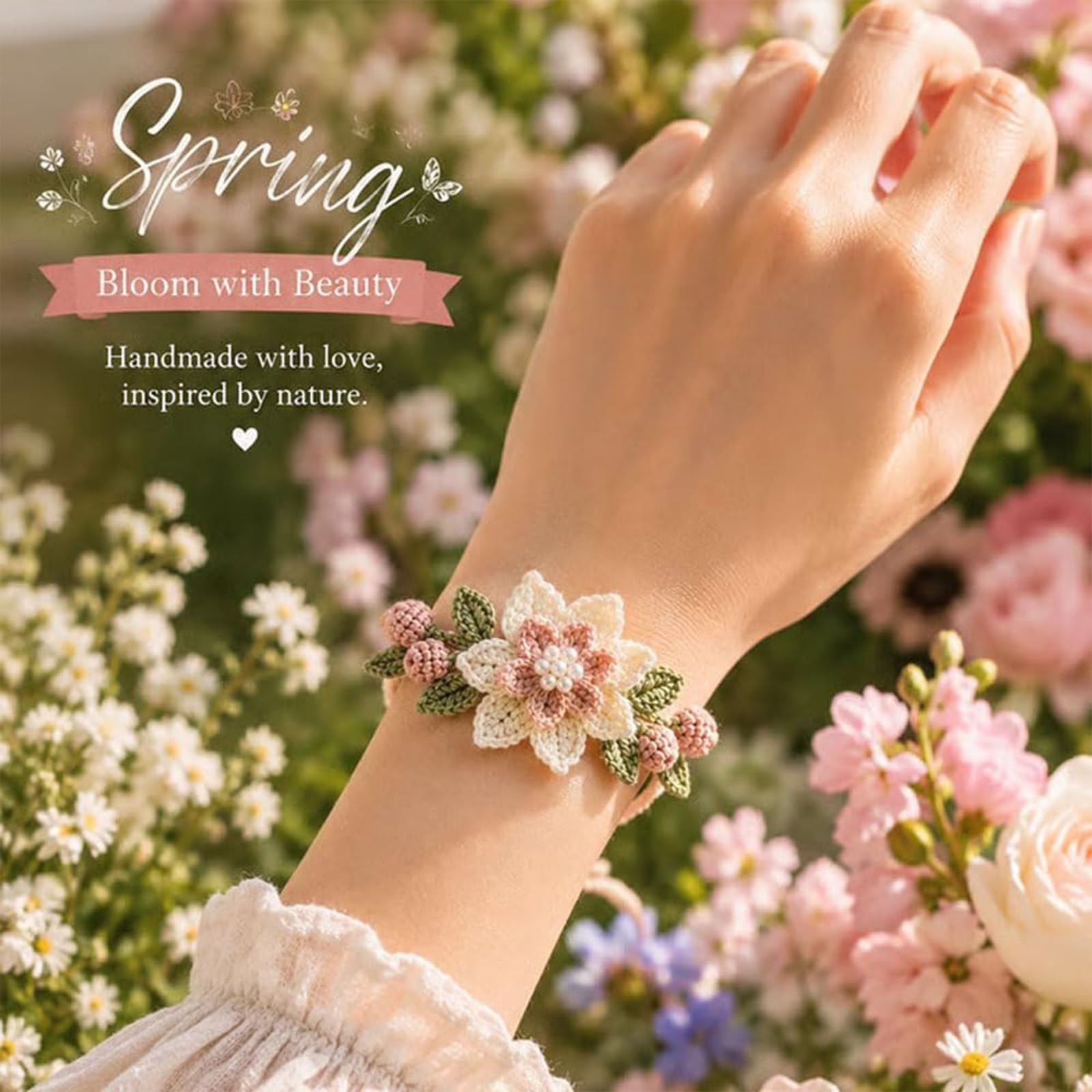 Kit de pulsera de ganchillo inspirada en la naturaleza – Juego de fabricación de pulseras botánicas con hilo, cuentas, perlas y gancho de ganchillo, manualidad creativa para principiantes (ALL)