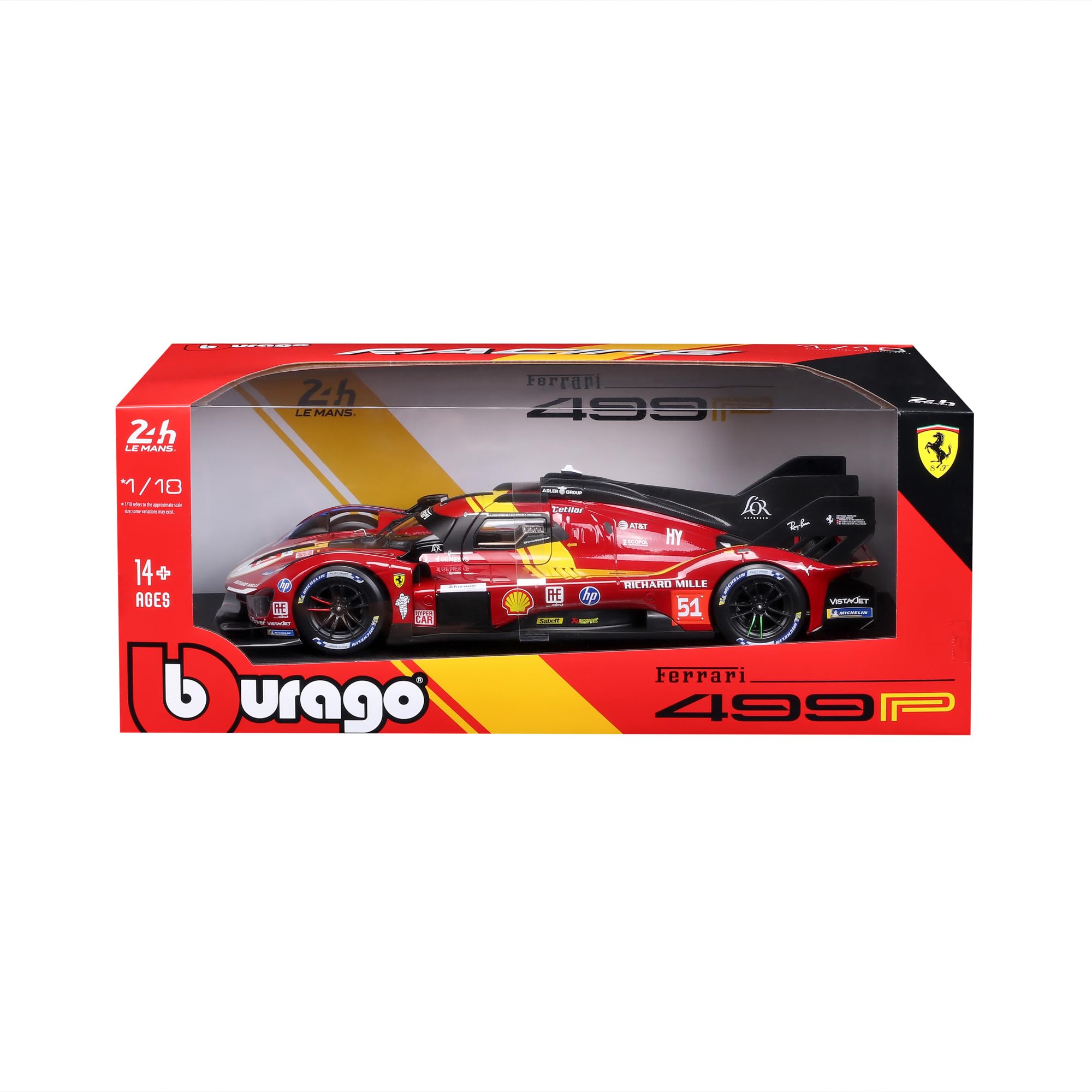 Bburago - Ferrari 499P 24H LMH Hypercar 2025#51, samochód diecast w skali 1:18, szczegółowa replika z otwieranymi drzwiami, oficjalne barwy Ferrari, 14+