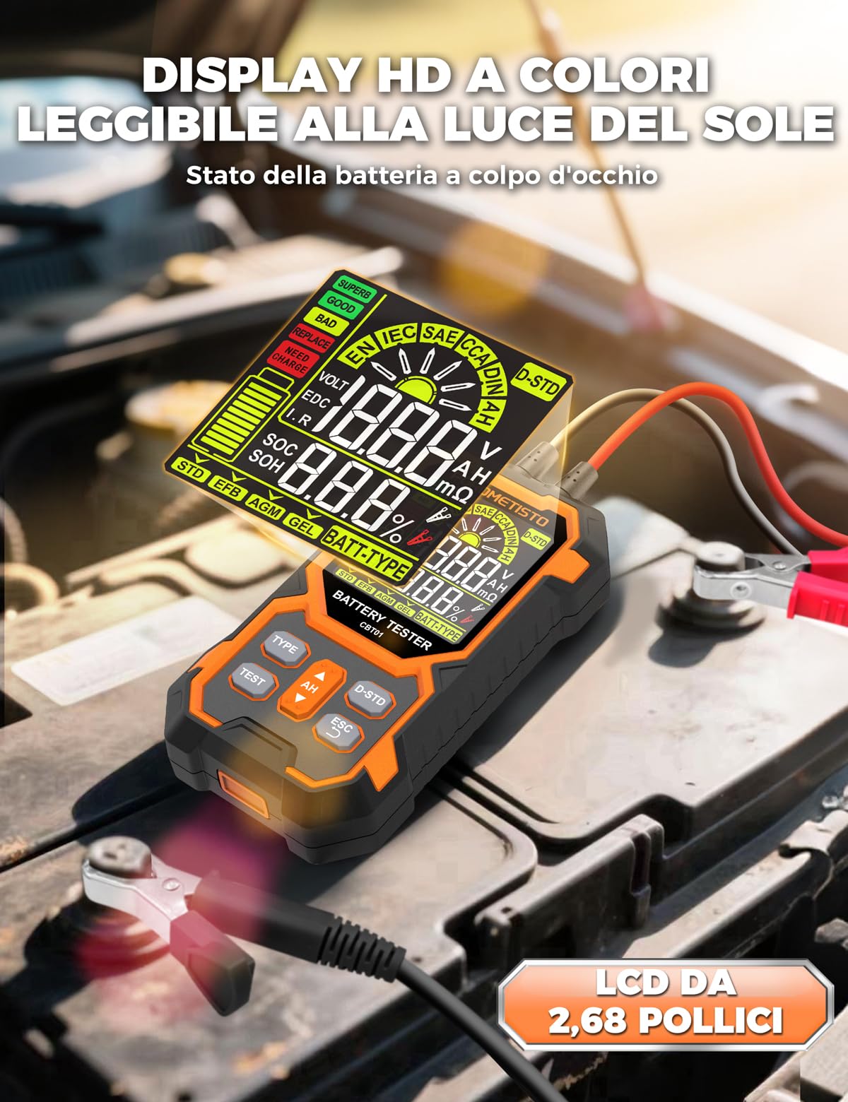 Tester Batteria Auto 12v/24v 50-1999 CCA,POROMETISTO Tester Batterie,Tester Batteria Auto per Veicoli/Auto/Moto/SUV,Può Misurare Tensione,Resistenza Interna,CCA, SOC,SOH,Per Fai Da Te e Professionisti