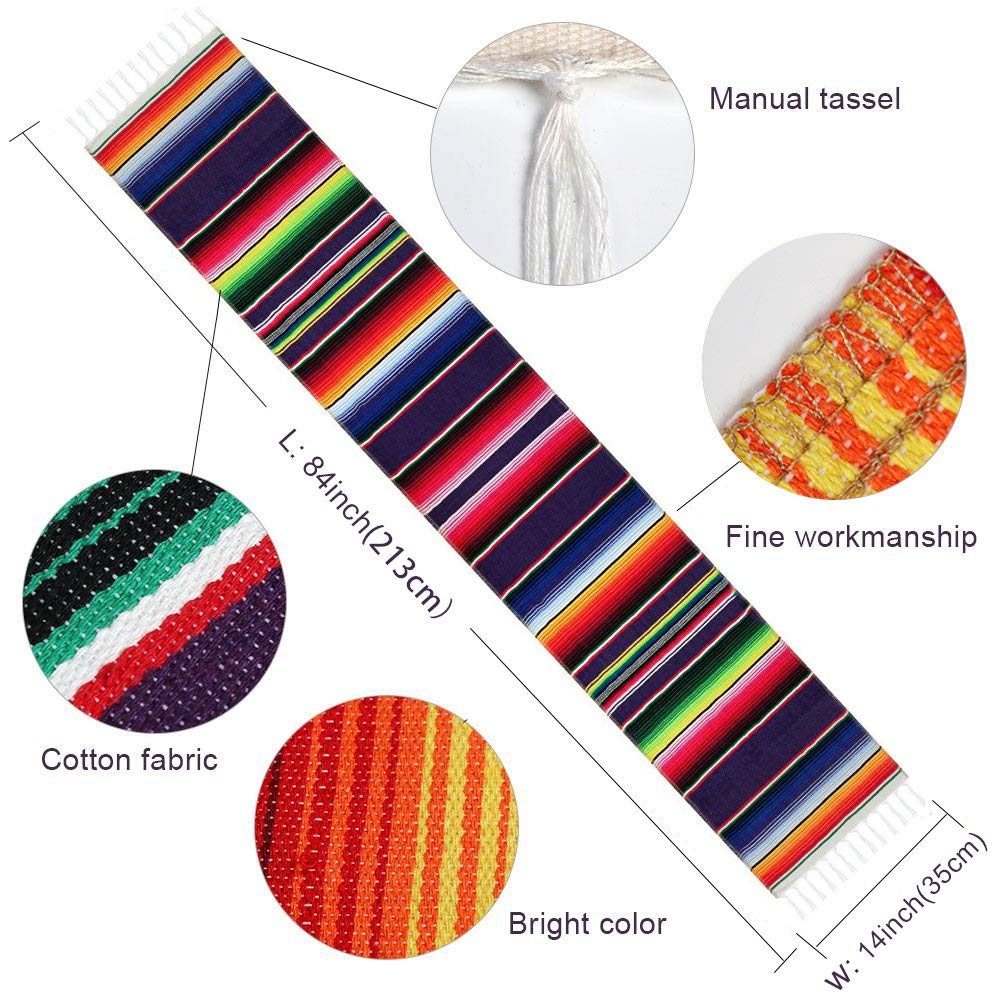 Aerwo, runner da tavola in cotone, fantasia messicana Serape a strisce colorate con frange, ideale per feste messicane, 35,6 x 213,4 cm, Cotone
