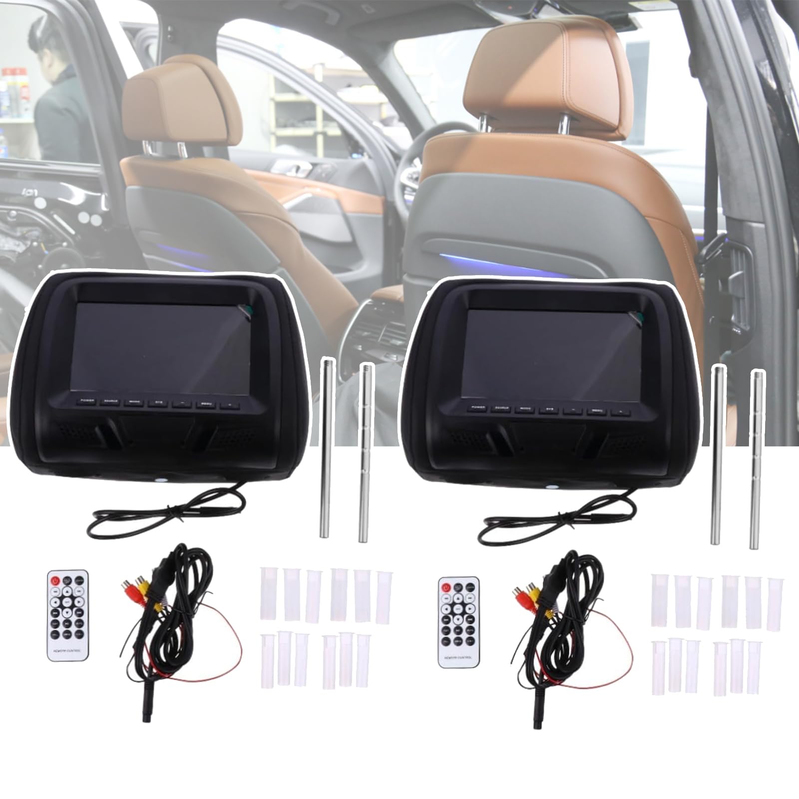 Pantalla reposacabezas universal de 7 pulgadas, 2 piezas con puerto USB y ranura SD en color negro