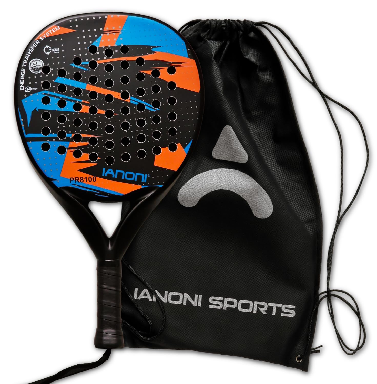 ianoni Racchetta da padel con superficie in fibra di carbonio con nucleo in schiuma EVA Memory Flex, arancione
