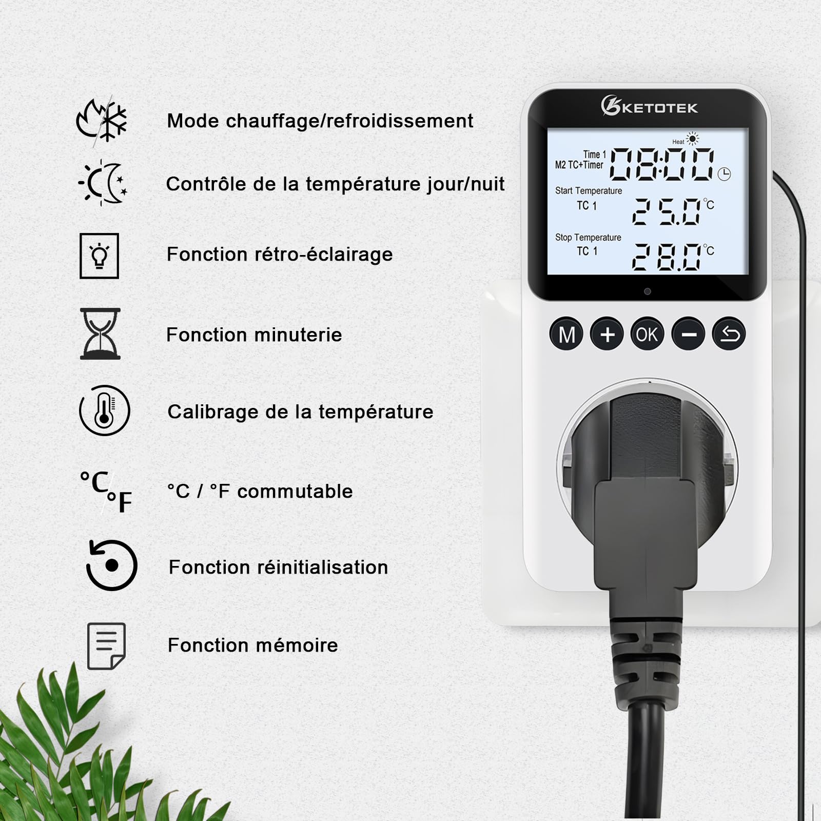 KETOTEK Prise Thermostat Jour/Nuit avec Rétro-éclairage, Régulateur de Température Numérique 220V avec Minuterie, Sonde de 3 Mètres, pour Reptile Terrarium Incubateur
