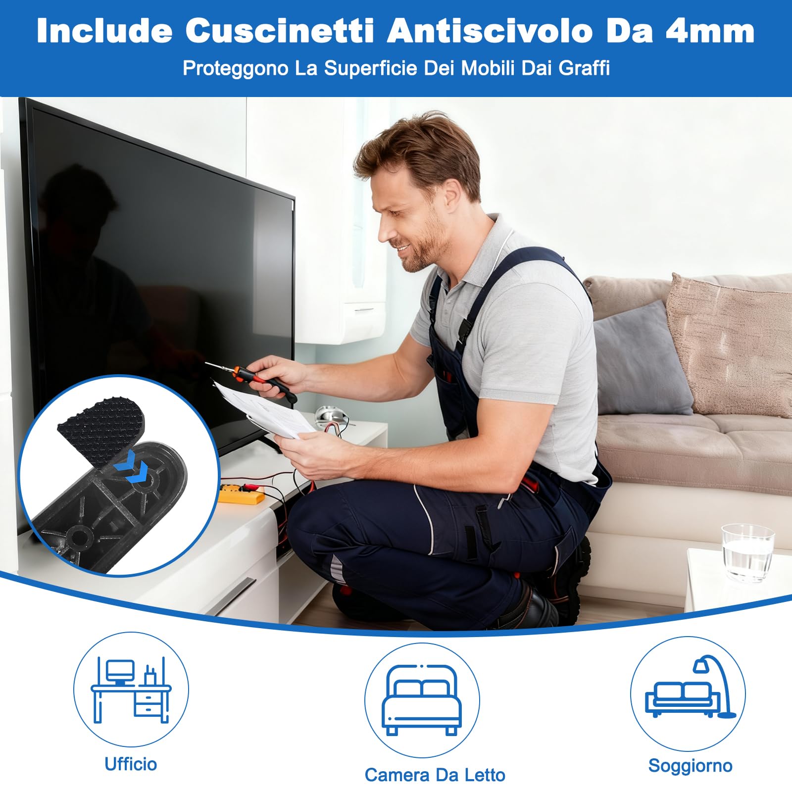 Piedini Supporto TV Universali Nero 20-65 Pollici Regolabile in Altezza ABS Base Antiscivolo 2 Pezzi