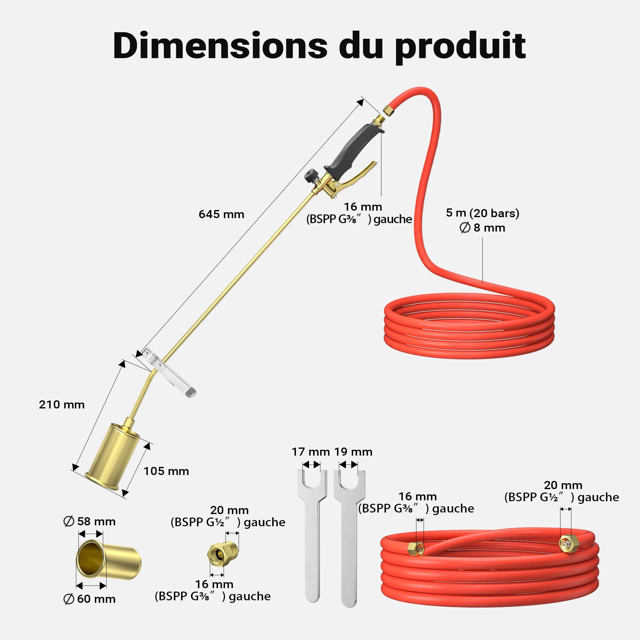 Wiltec Désherbeur thermique à gaz – 85 kW – longueur 85 cm – avec tuyau 5 m – Chalumeau à brûleur de désherbage pour destruction des mauvaises herbes – Outil de jardinage