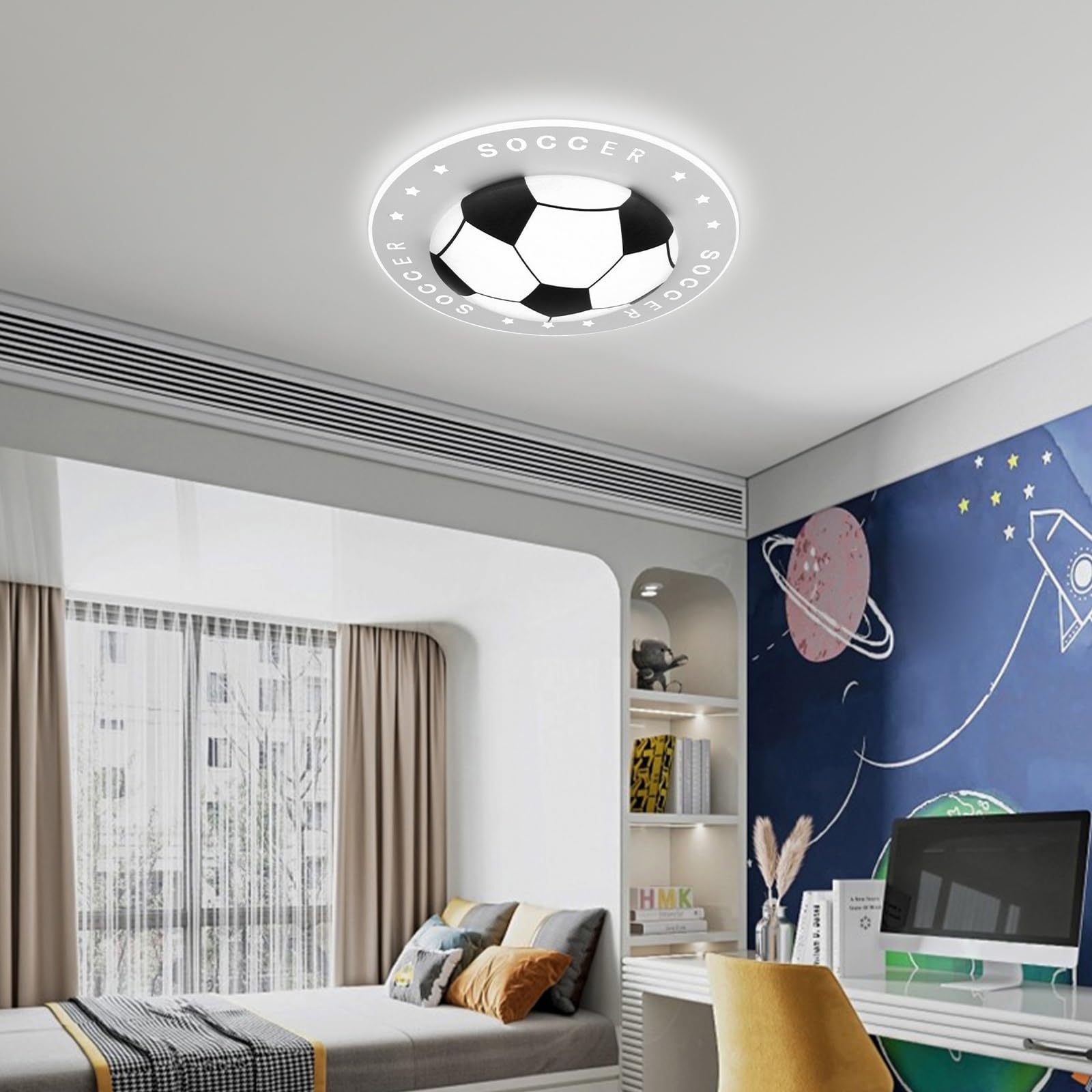 Jadssox Lampa sufitowa LED z motywem piłki nożnej, żyrandol z motywem piłki nożnej, lampa sufitowa do pokoju dziecięcego, 3 tryby kolorów, oświetlenie sufitowe do pokoju chłopców(52cm)
