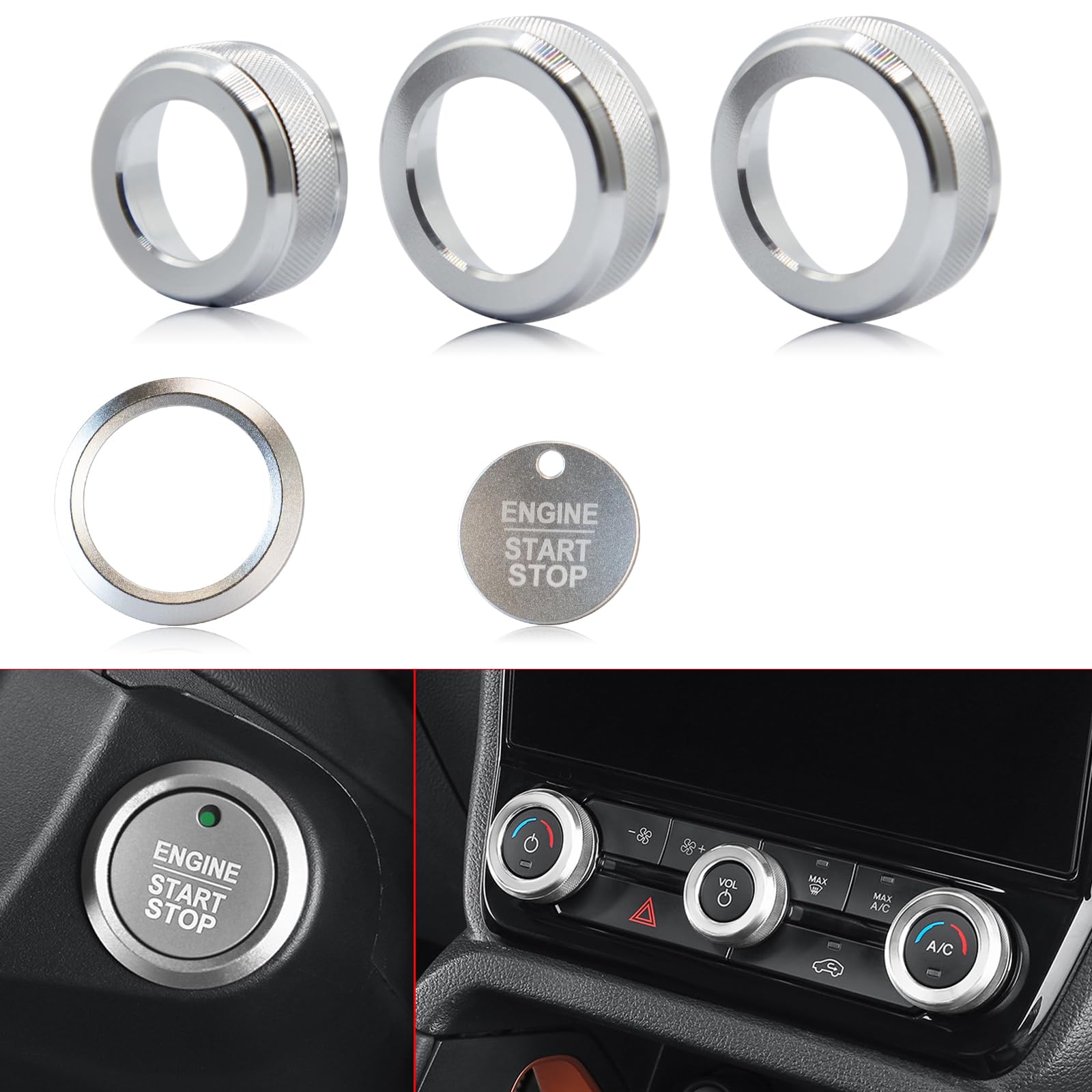 for Ford Ranger 2024 2025 Aluminum Air Conditioning Knob, Start/Stop Button Ring, 5-Piece Set (Silver)