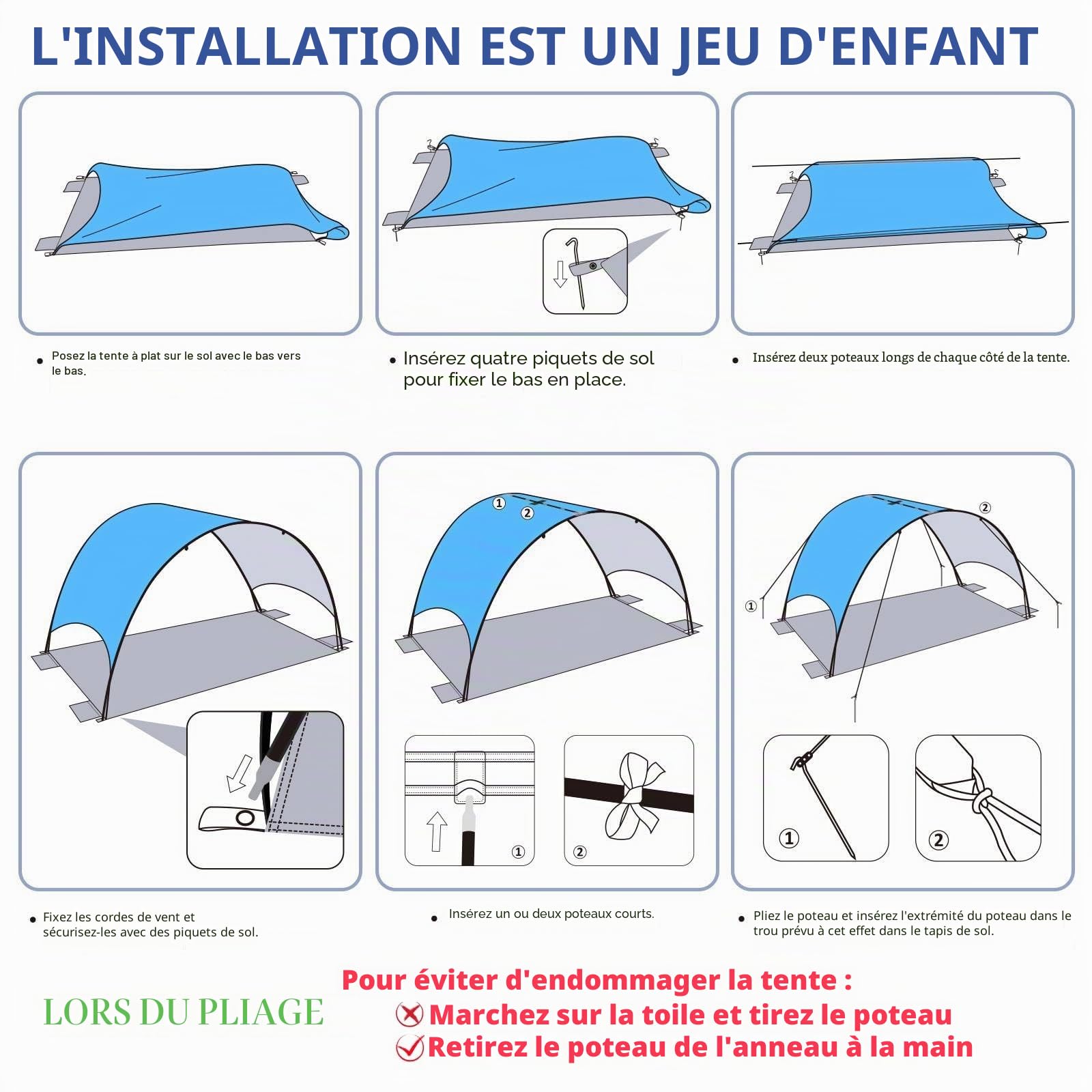 Parasol de Plage amélioré 2026 avec Protection UV UPF 50+ – Auvent de Plage Compact et Portable avec Ventilation à 360°, Cordes à Vent et piquets – Famille, Voyage, arrière-Cour, Parc