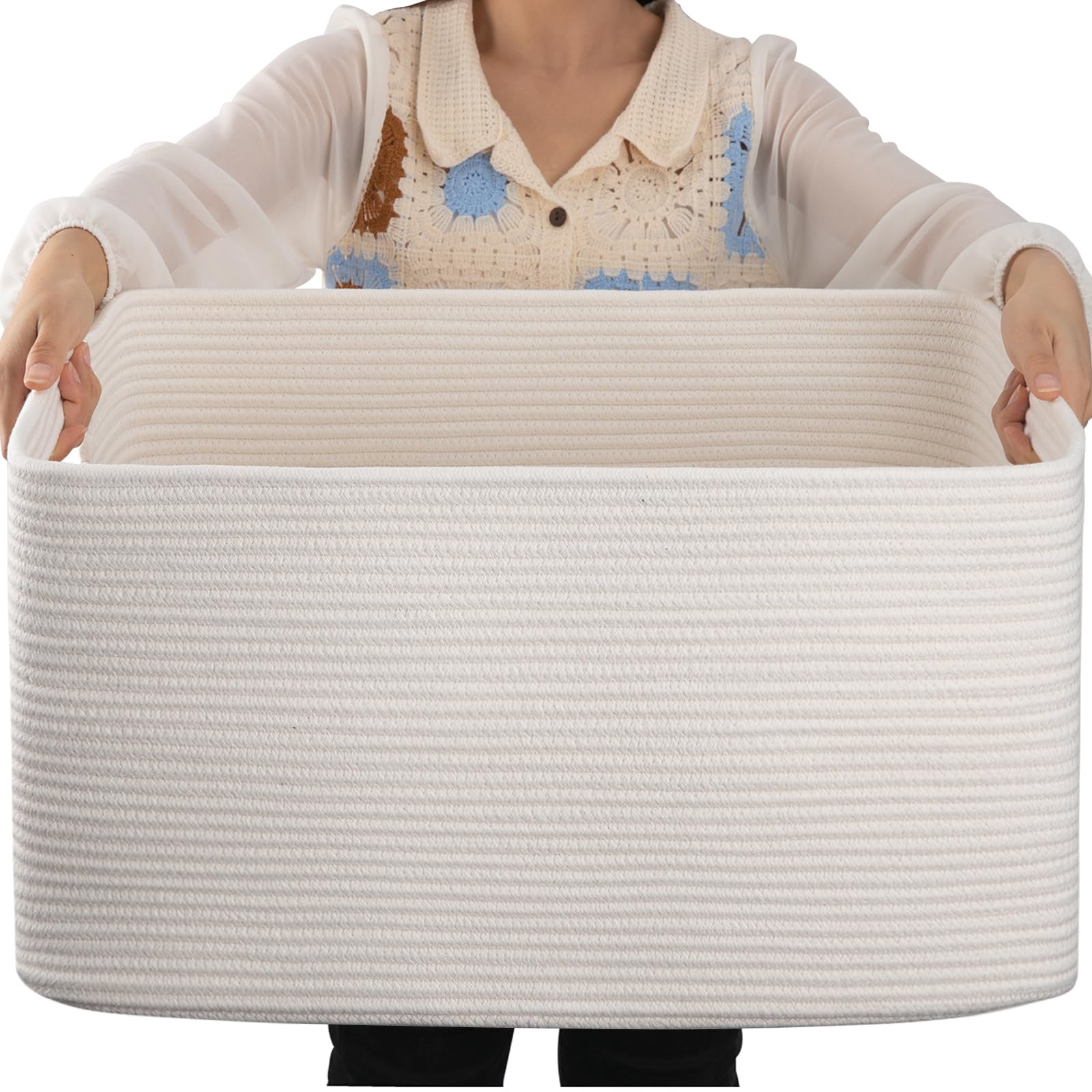 OIAHOMY 75L Large Cotton Rope Basket with Handle - Woven Storage Basket for Blankets Toys, Living Room & Nursery - 22'x17'x12' - White