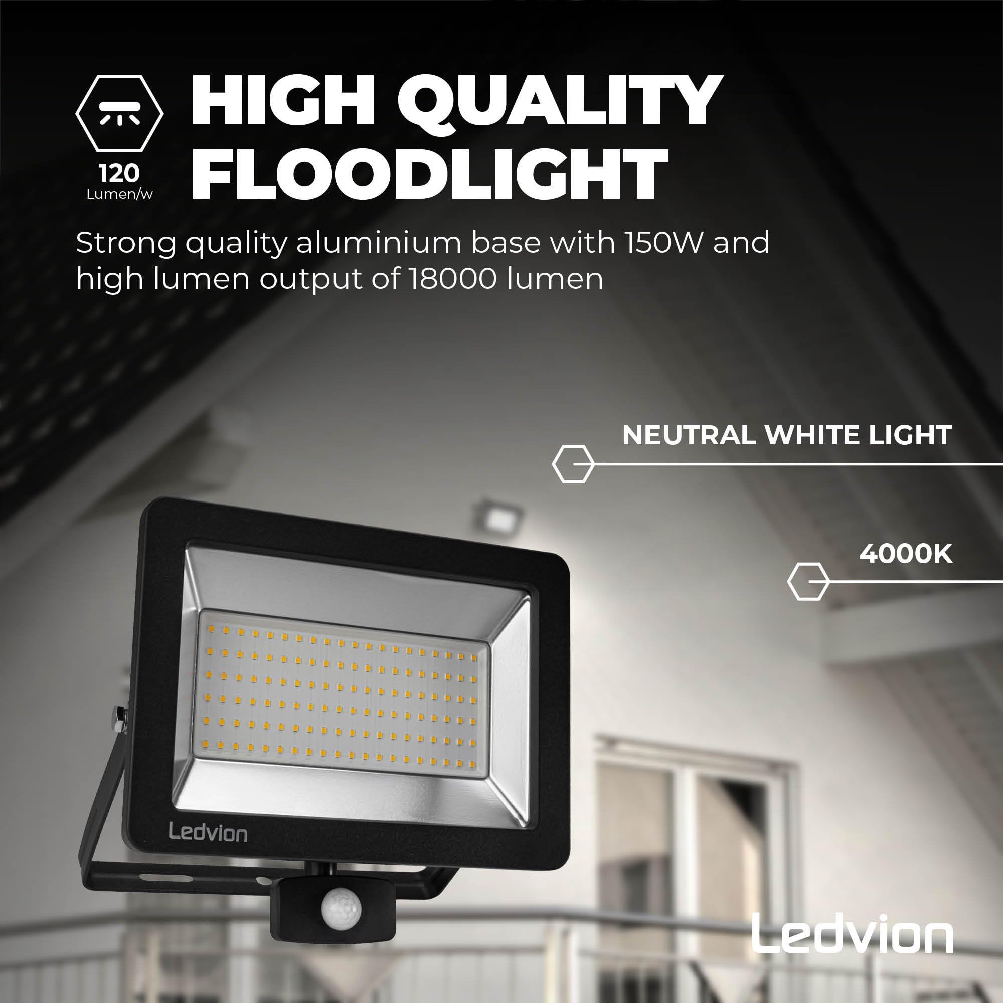 Ledvion LED Strahler mit Bewegungsmelder 150W IP44 4000K 18000lm | Reagiert automatisch auf Bewegung rund um Einfahrt Garten Hof und Fassade