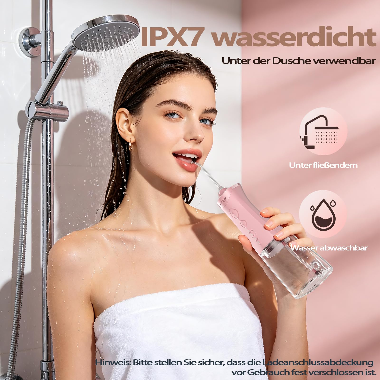 OasiSmile Kabellose Elektrische Munddusche, 4 Modi DIY Druck & 5 Düsen,Rosa