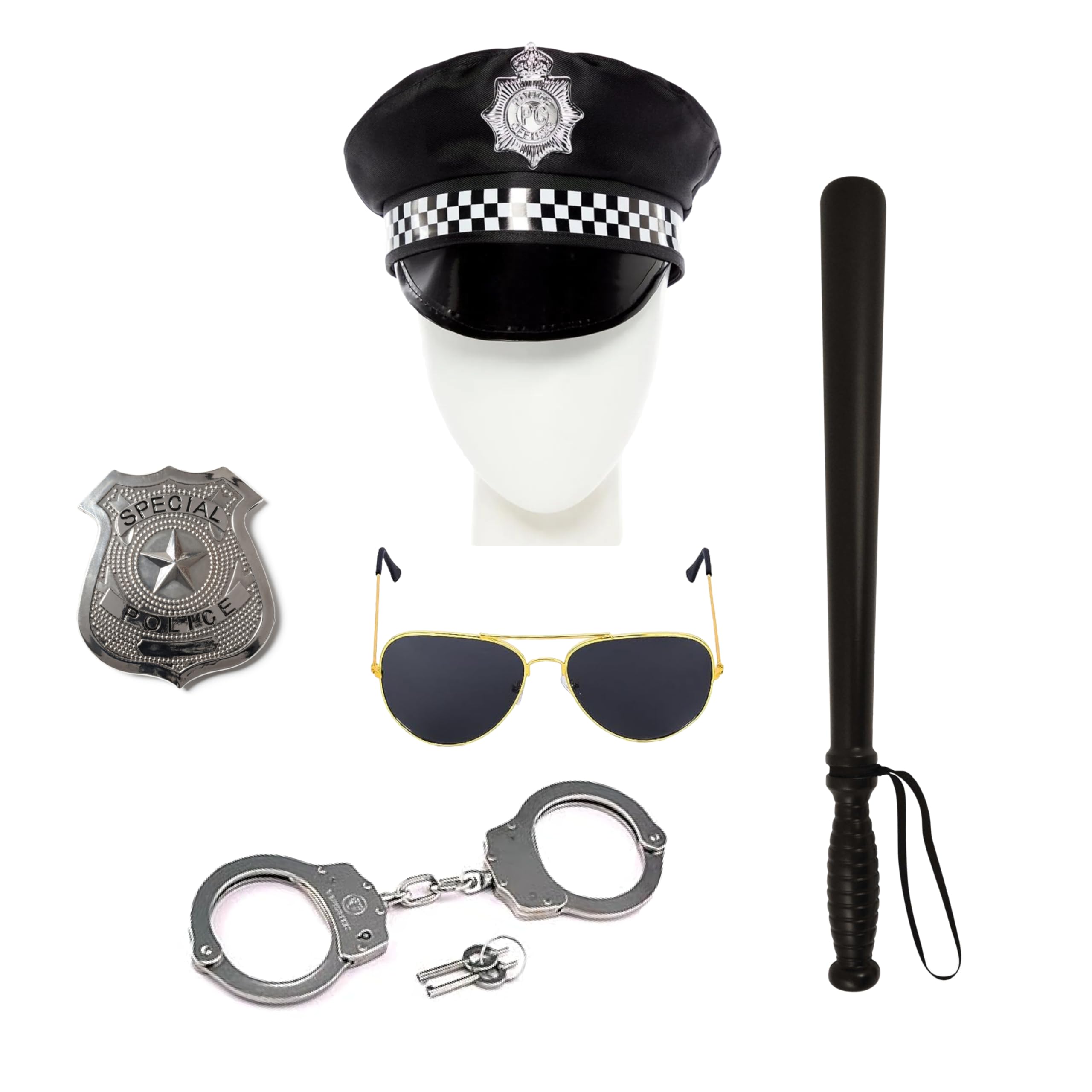 Lizzy Adult's Police Fancy Dress Set | Mens Policeman Hat, sunglasses, handcuffs, police badge, Police Stick | Theme Party outfit Accessory Cosplay Halloween