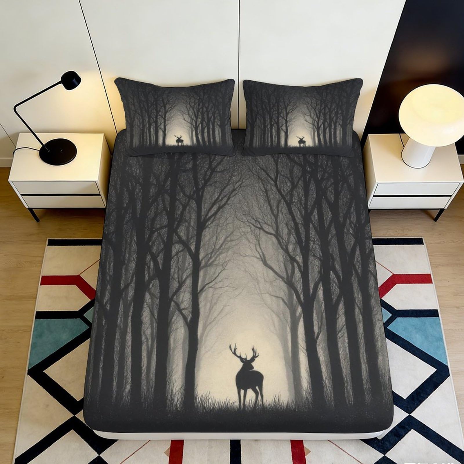 Uynsixtme Style-8 3D Printed Forest Deer Fitted Sheet Microfiber Non-Slip Deep Pocket Bedroom Bedding Deer Mattress Fitted Cover Elastic Hem Washable 90X200x25cm