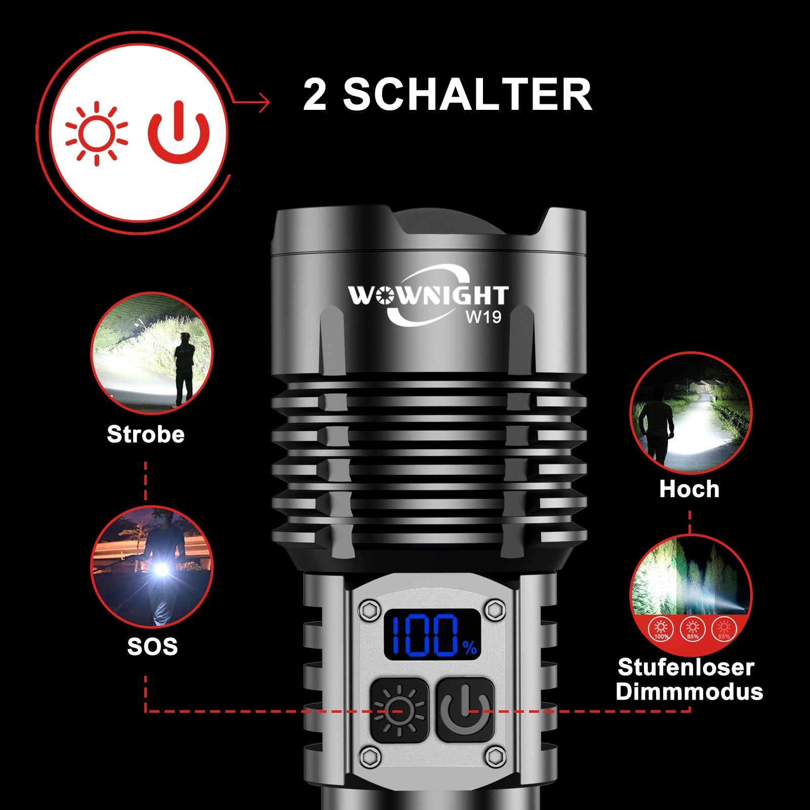 WOWNIGHT Torcia LED Potente Professionale 1000000 Lumens, 50W 2 Interruttori Torcia LED Ricaricabile, IPX6 Torcia Potente Tattica Militare, Infinitamente Dimmerabile Per Campeggio Trekking Emergenza