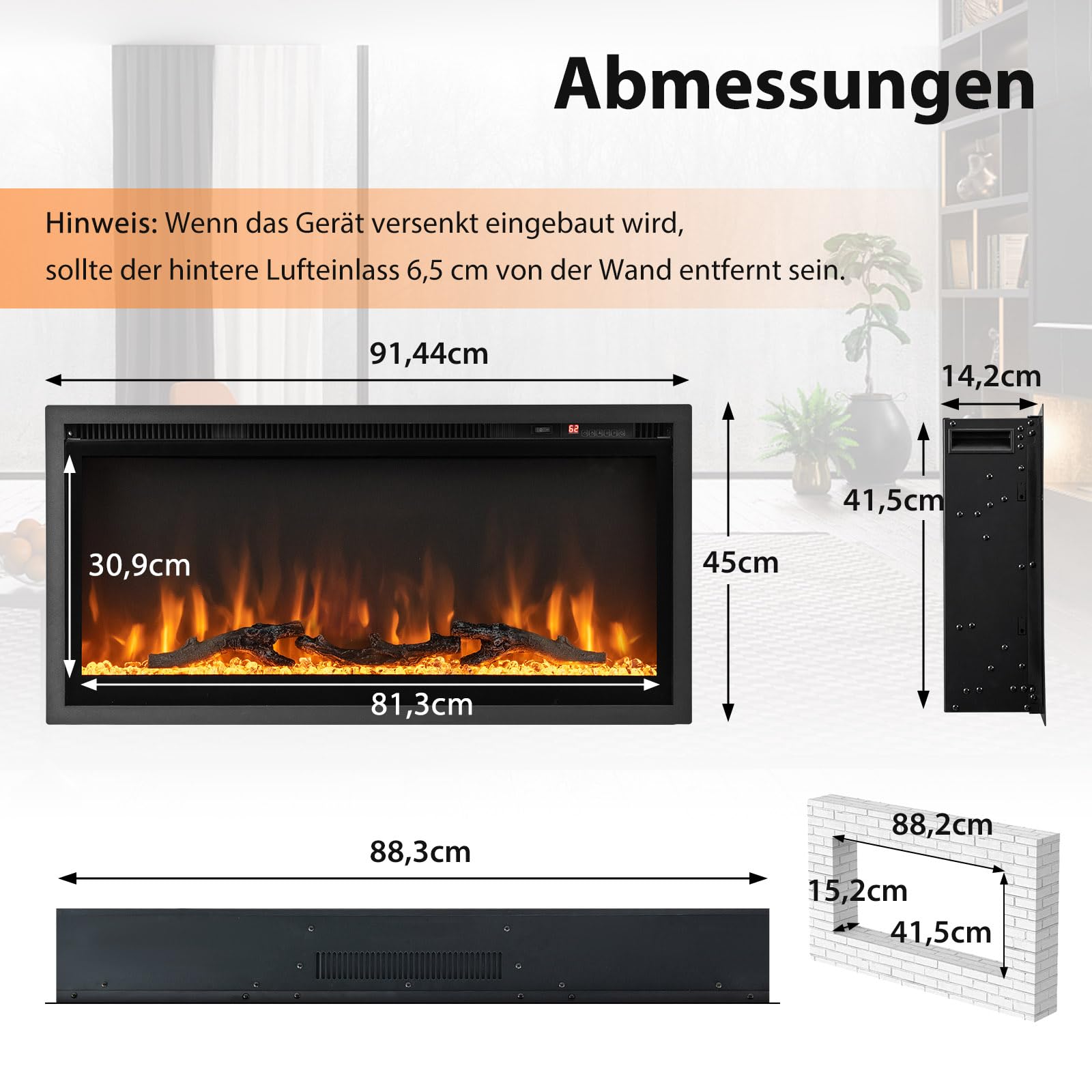 GOPLUS 91 cm Elektrokamin, Elektrischer Wandkamin mit Fernbedienung & Touchscreen, Kaminofen Wand mit 9 Farben Flammeneffekte & 5 einstellbaren Helligkeitsstufen, 750 W/1500 W Heizlüfterfunktion, 36"