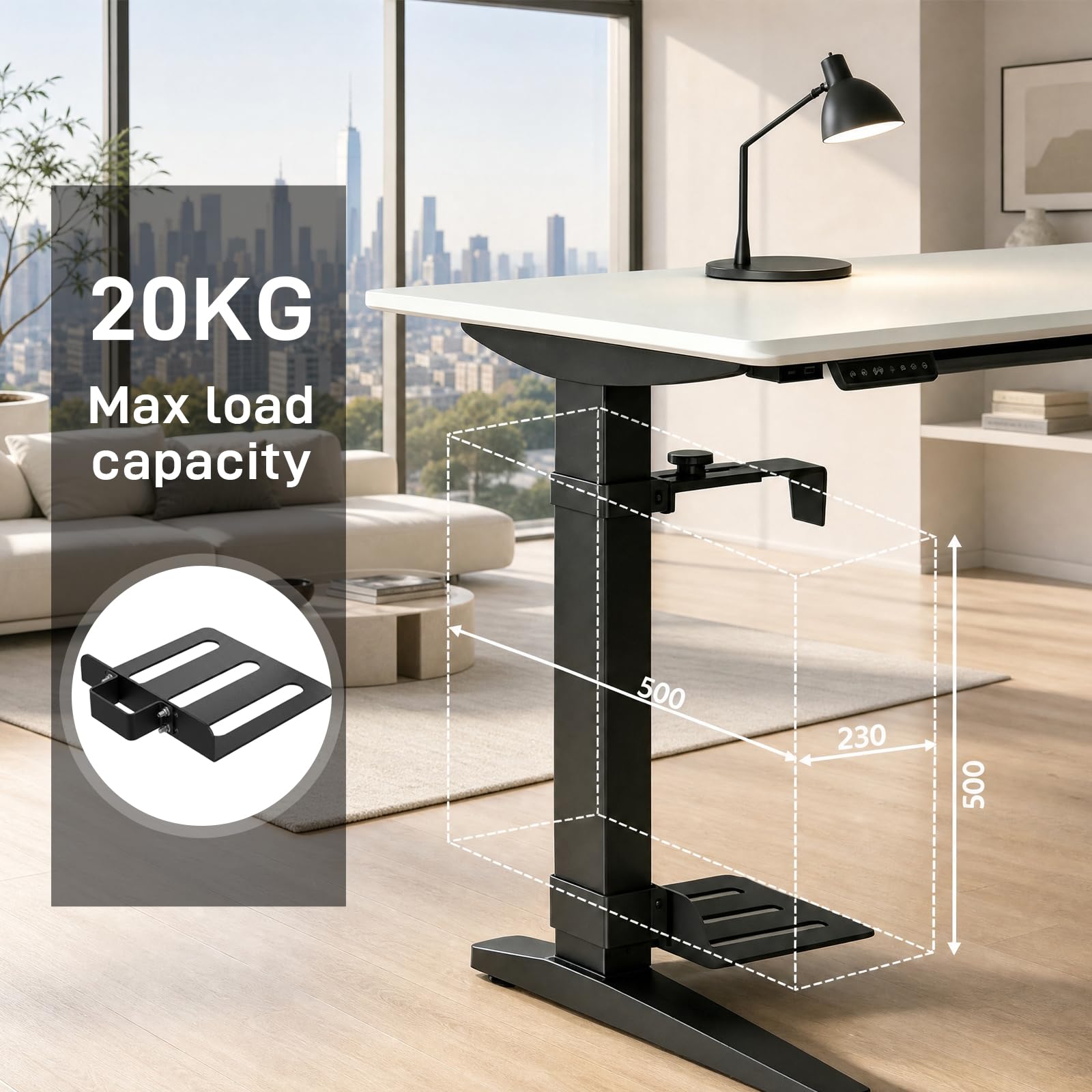 Supporto per PC da scrivania senza foratura, supporto per PC sotto la scrivania, portata 18 kg, regolabile in altezza e larghezza, ideale per ufficio, casa, aula, gamba del tavolo, 65 x 45 mm, nero