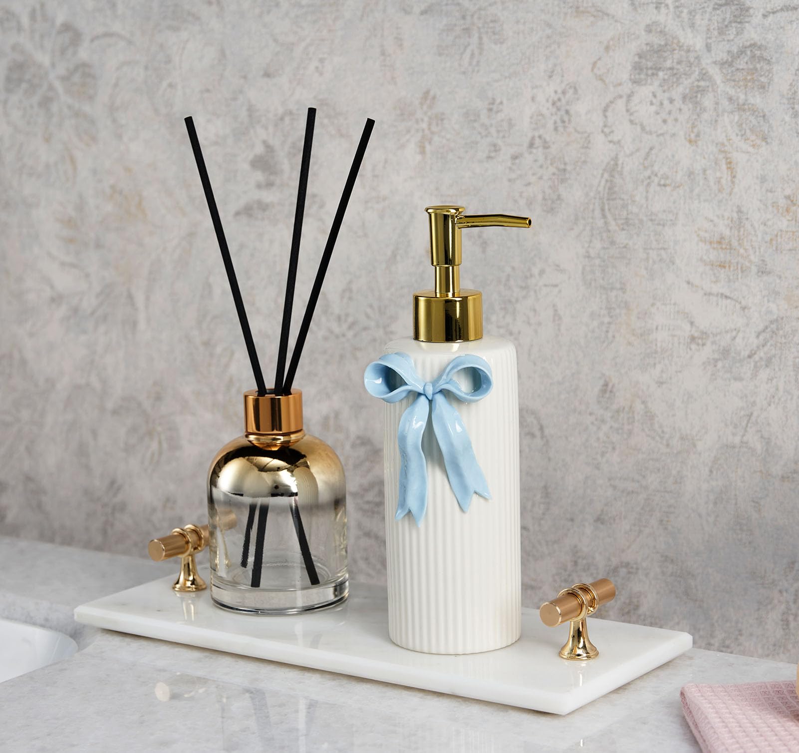 Handgefertigter Seifenspender aus Keramik, Schleife, Handlotion, Flüssigkeitsspender, nachfüllbar, für Küche und Badezimmer, dekorativ (Band blau)