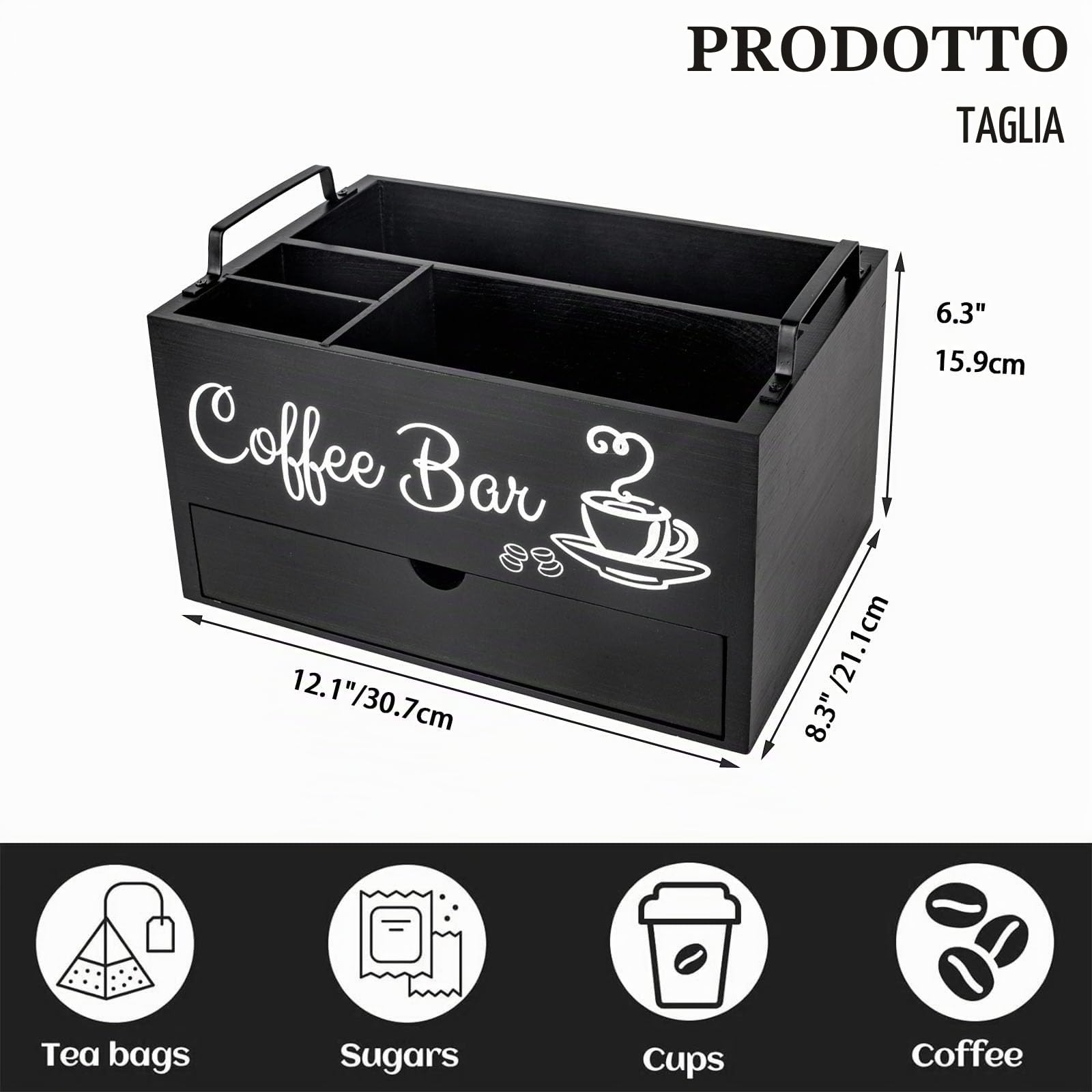 Porta Cialde Caffe Porta Capsule Caffe,Portacialde da Caffè,Porta Tisane in Pineta con 1 Cassetto per Organizzare Capsule, Cialde,Tisane,Zucchero,Cannucce,Bicchierini da Caffè,Nero